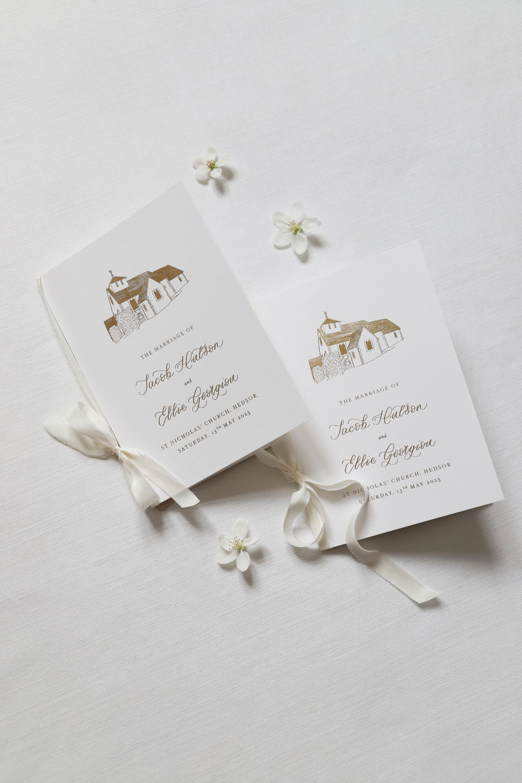 Bespoke Order of Service booklets with hot foil printed illustration and silk ribbon.