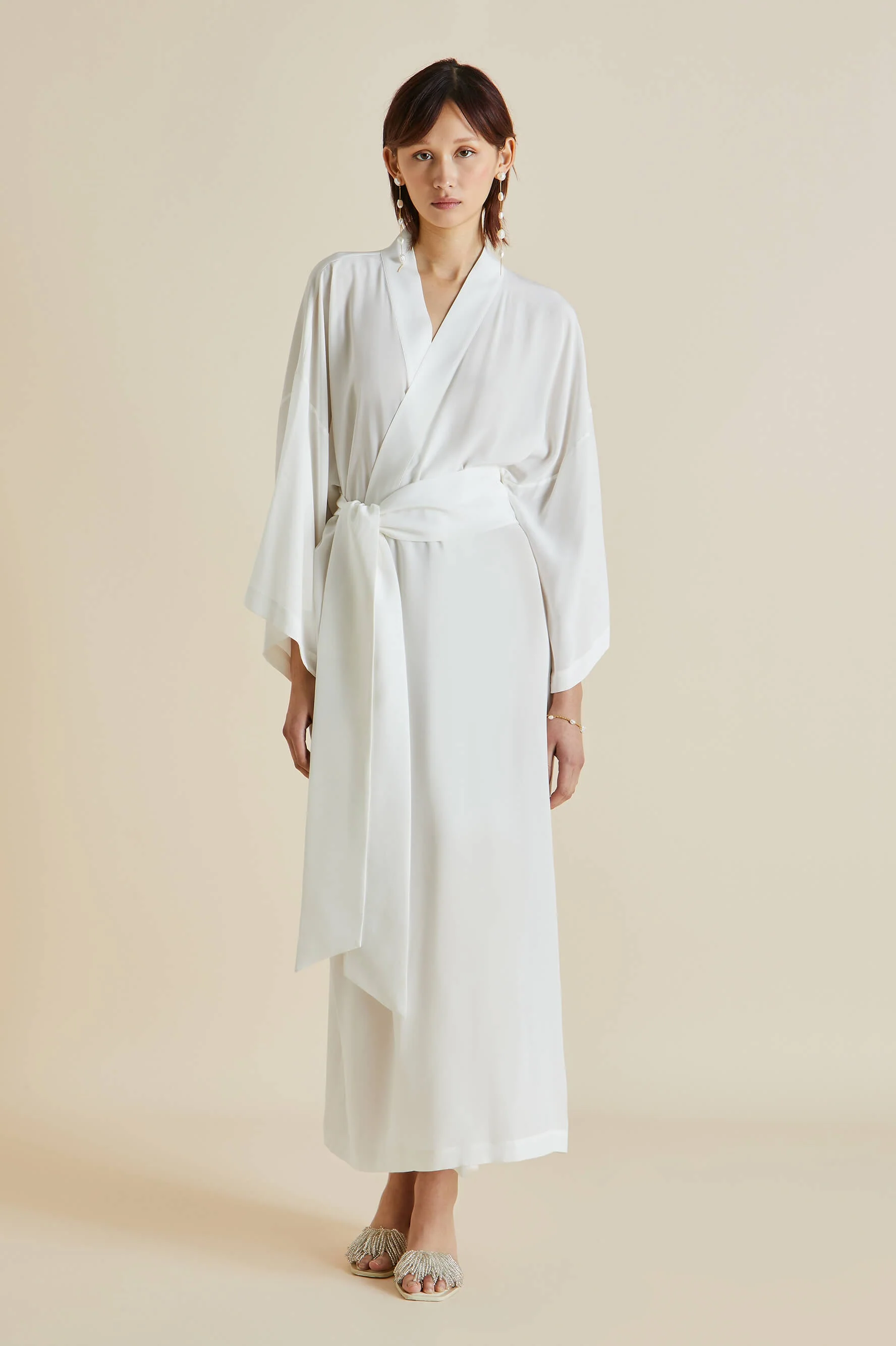 Olivia Von Halle Queenie Ivory White Silk Crepe de Chine Honeymoon & Bridal Kimono Style Robe