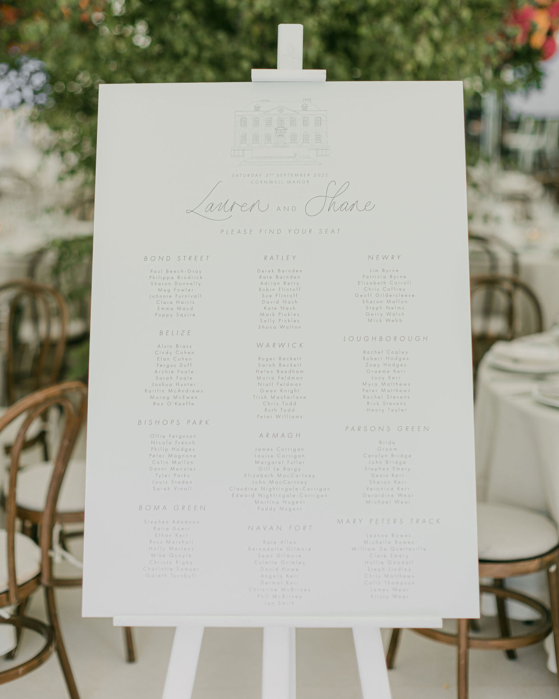 Bespoke wedding day stationery seating plan for a Cornwell Manor Cotswold Wedding