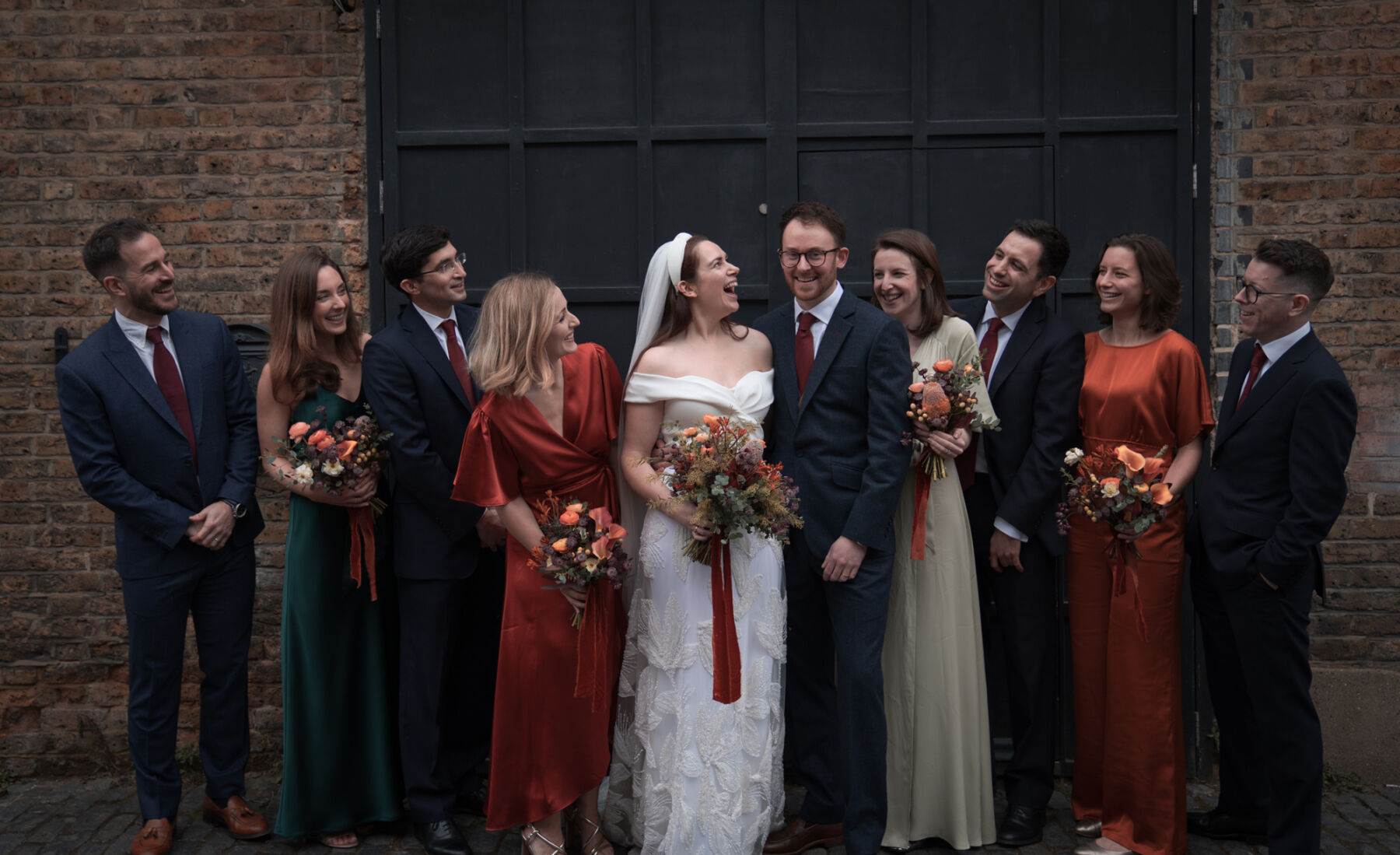 Bridesmaids in burnt orange, Halfpenny London wedding dress