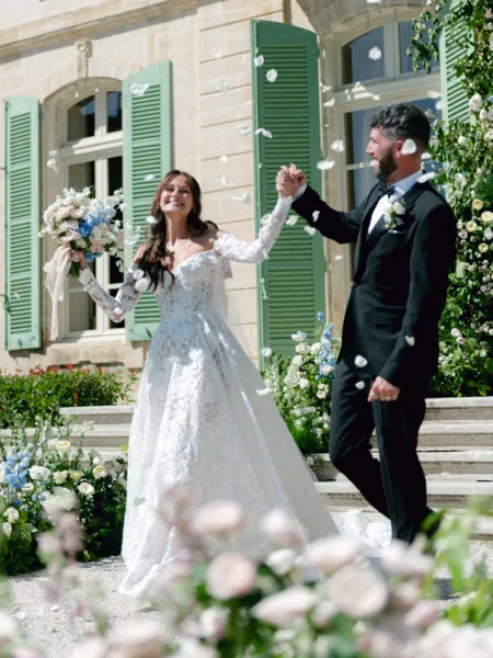Provence wedding ceremony surrounded by fresh flowers, led by bespoke English officiant Nat Raybould