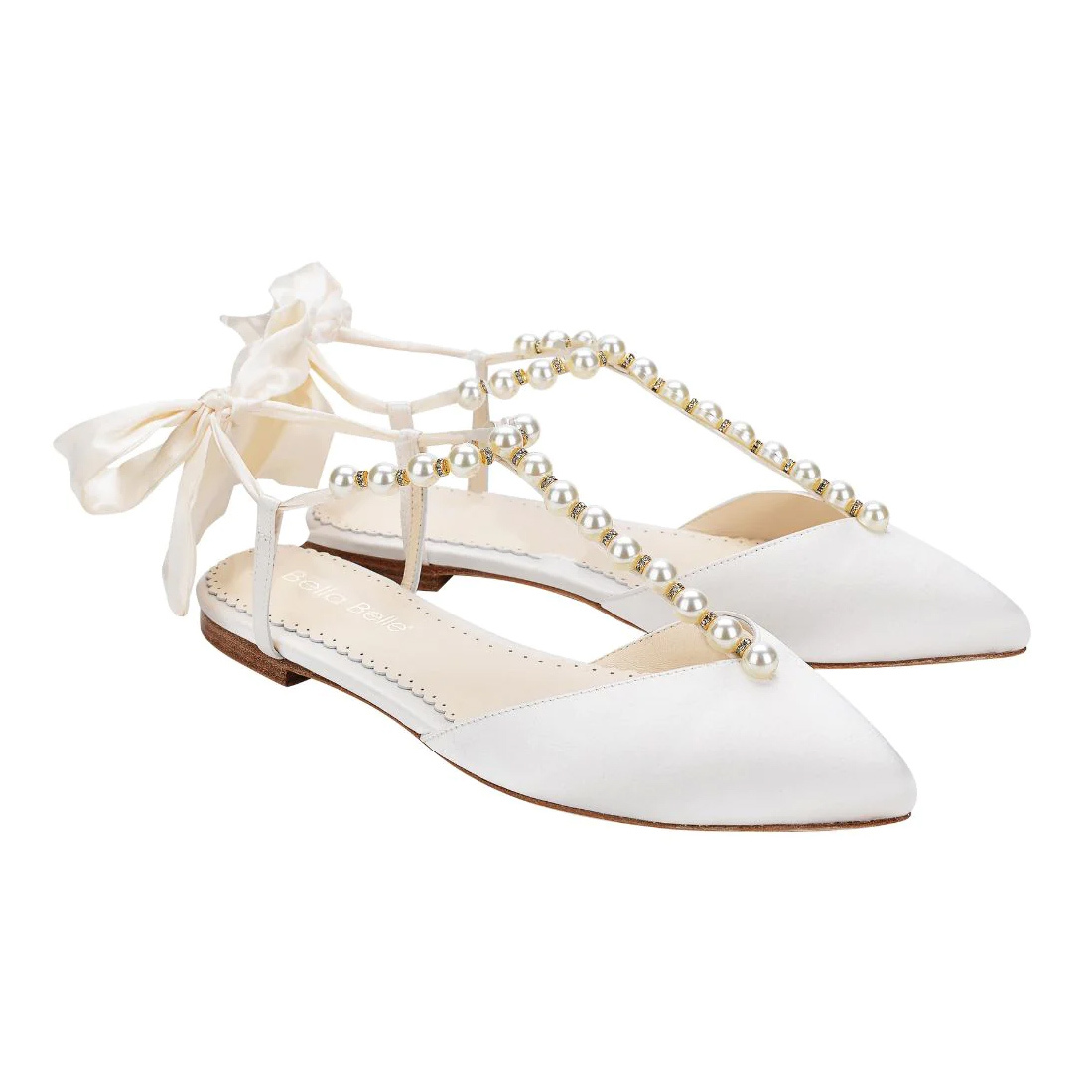 Bella Belle Lulu T-Strap Crystal and Pearl Flats for Wedding with Ankle Bow