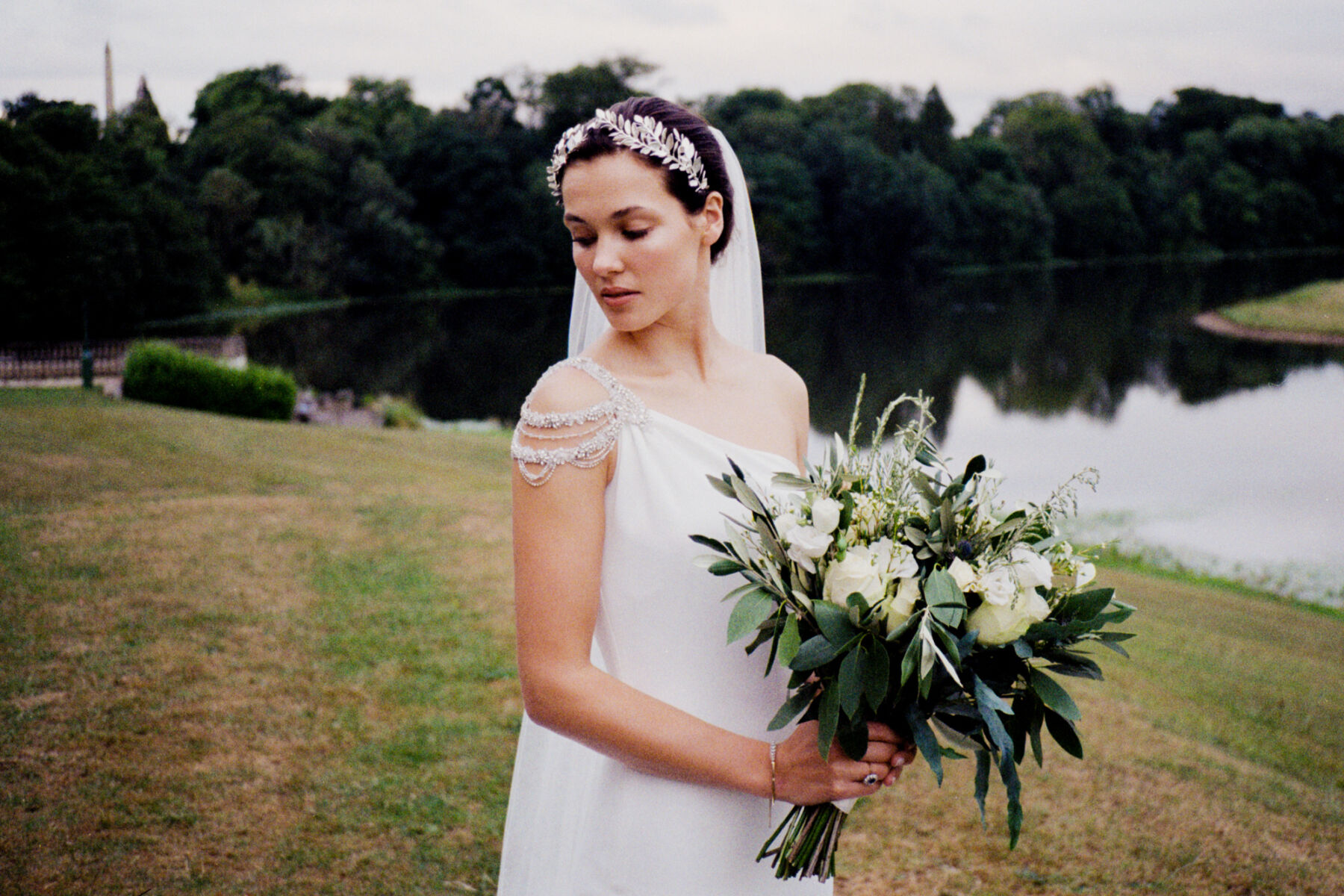 A bride holds a bouquet of flowers