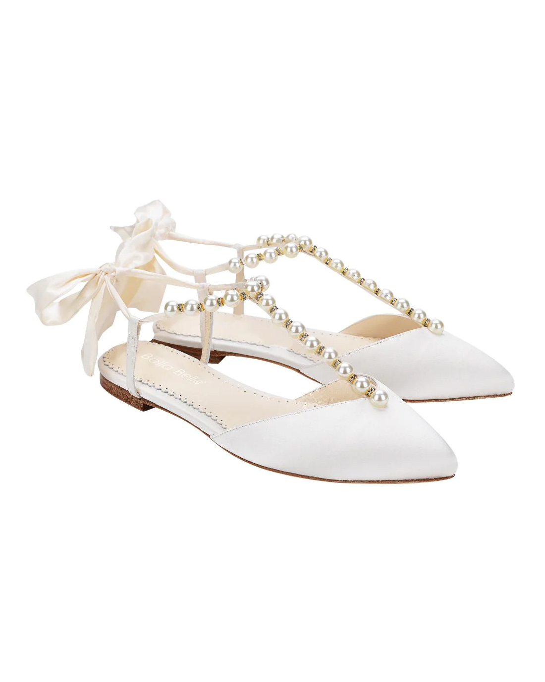 Lulu T-Strap Crystal and Pearl Flats for Wedding with Ankle Bow