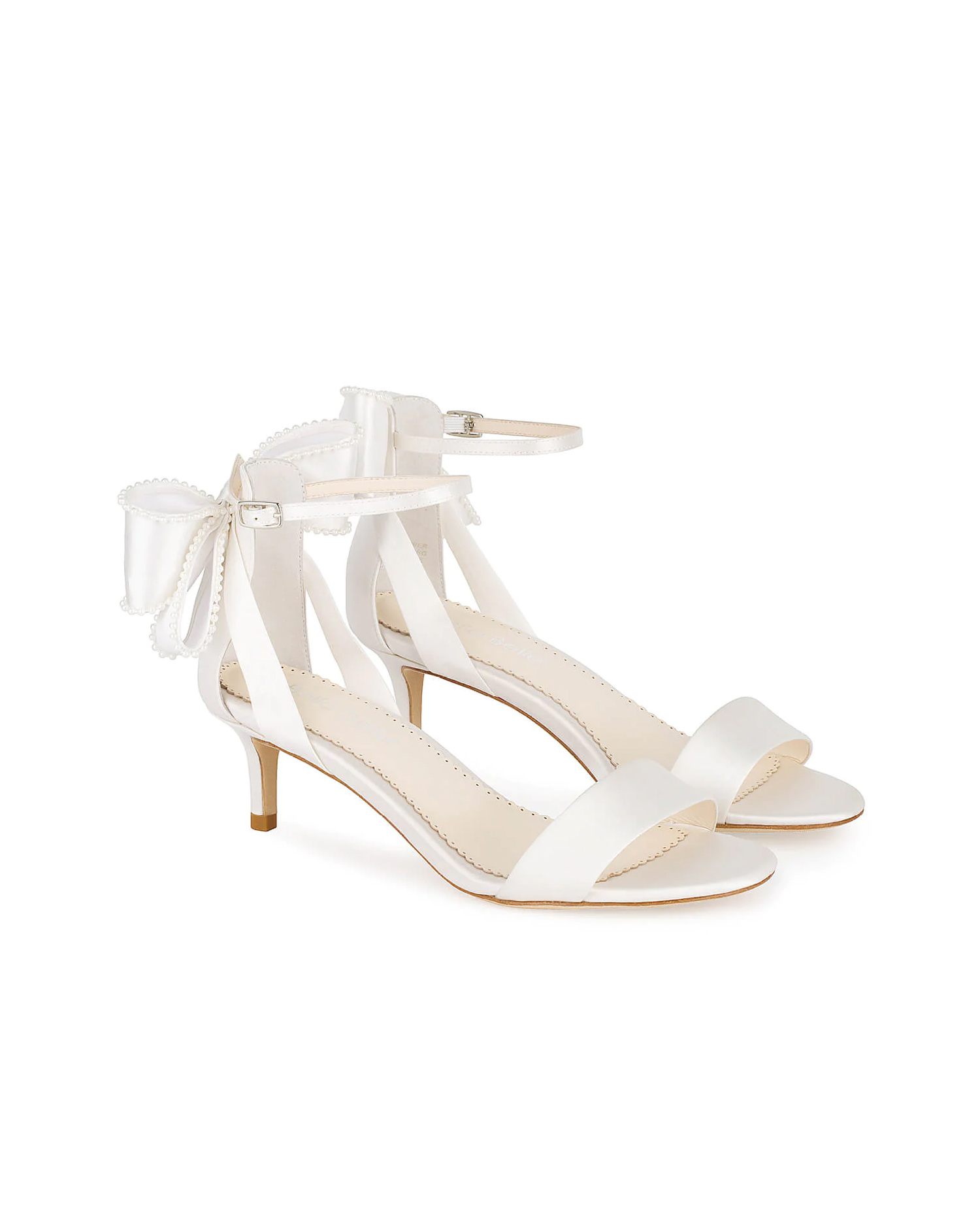 Low Heel Open Toe Wedding Shoes with Ankle Strap Pearl Trimmed Bows