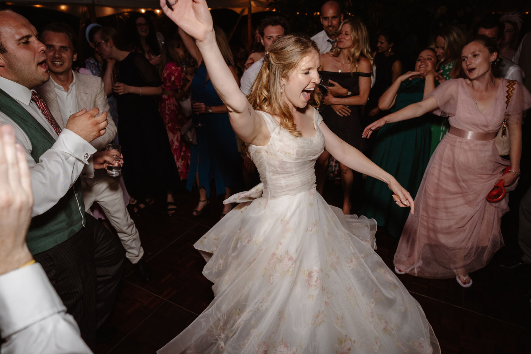 Kirsty, in a Floral Bridal Gown by Josephine Scott London For Her Flower-Filled Marquee Wedding at The Hoo in Rural Hertfordshire 60 1 Wedding Party Dancefloor