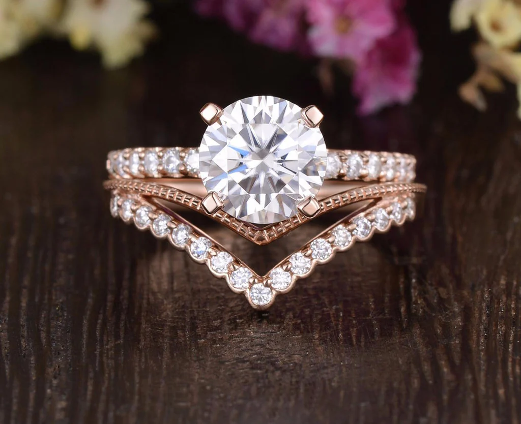 Flawless Moissainte Vintage Style Bridal Ring Set Round Cut