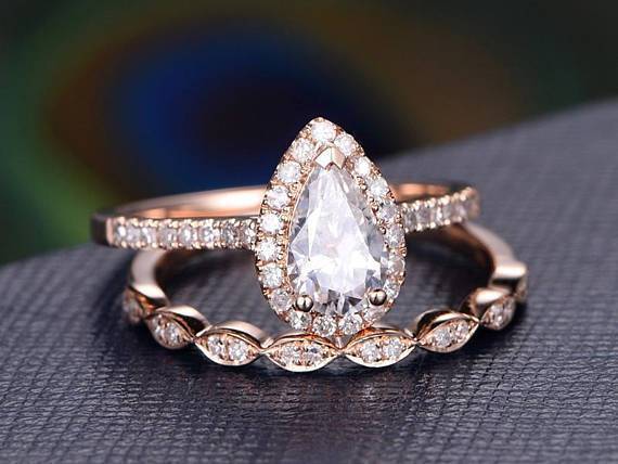 Flawless Moissanite Pear Cut Halo Ring Set Vintage Style Band