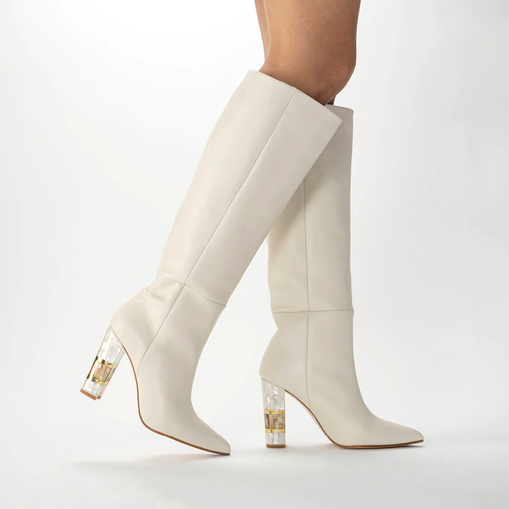 Jamie Ivory Leather & Mother of Pearl Heel Knee High Boots, Freya Rose London