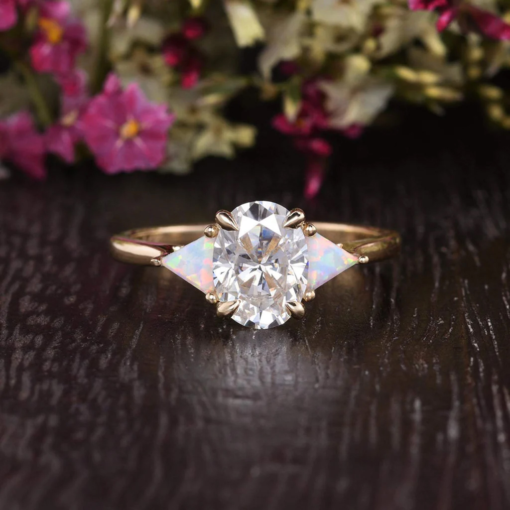 Oval Cut Edwardian Design Moissanite Opal Engagement ring copy