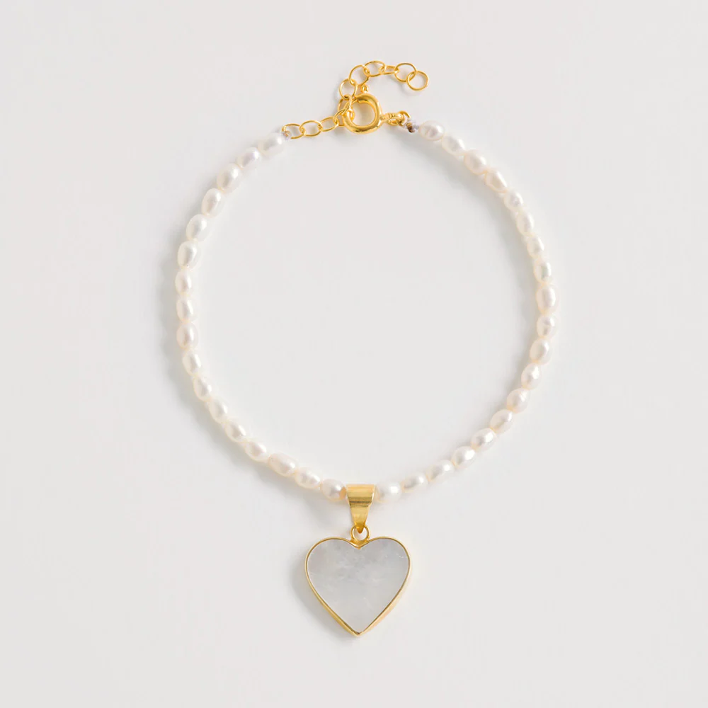 Rice Pearl Bracelet With Heart Charm, Freya Rose London