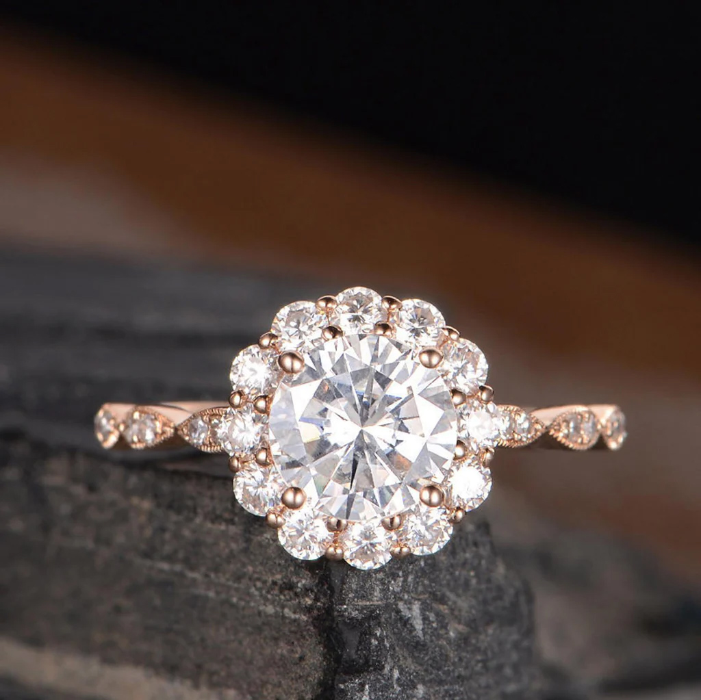 Round Cut Moissanite Vintage Halo Design Engagement Ring