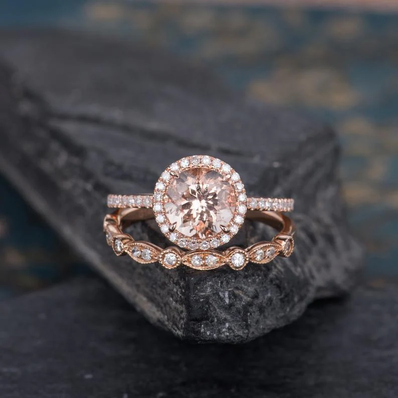 Round Cut Morganite and Moissanite Bridal RIng Set