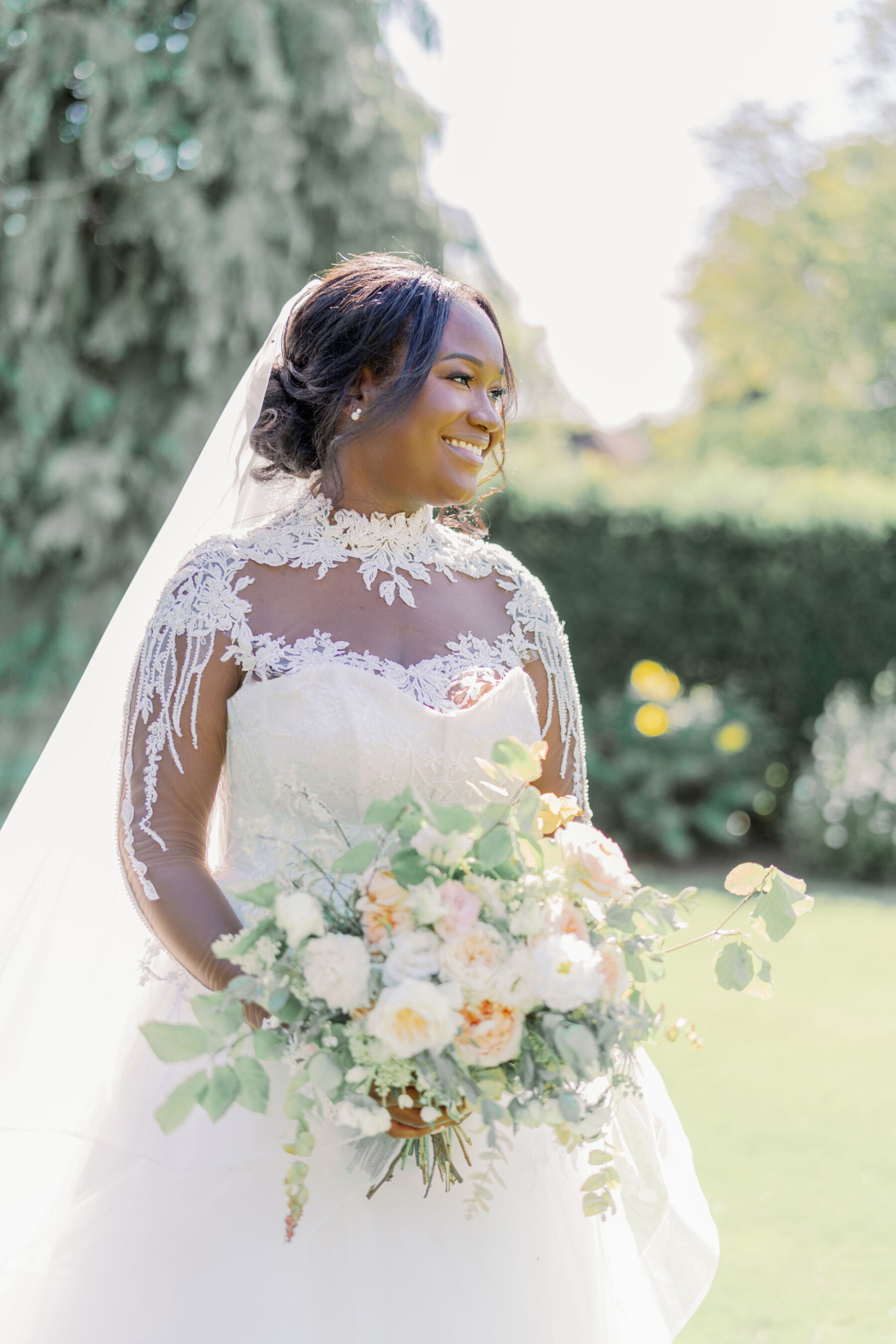 Georgia & Stephen's Elegant Multi Cultural Wedding at Orsett Hall 10 Black bride in elegant lace wedding dress