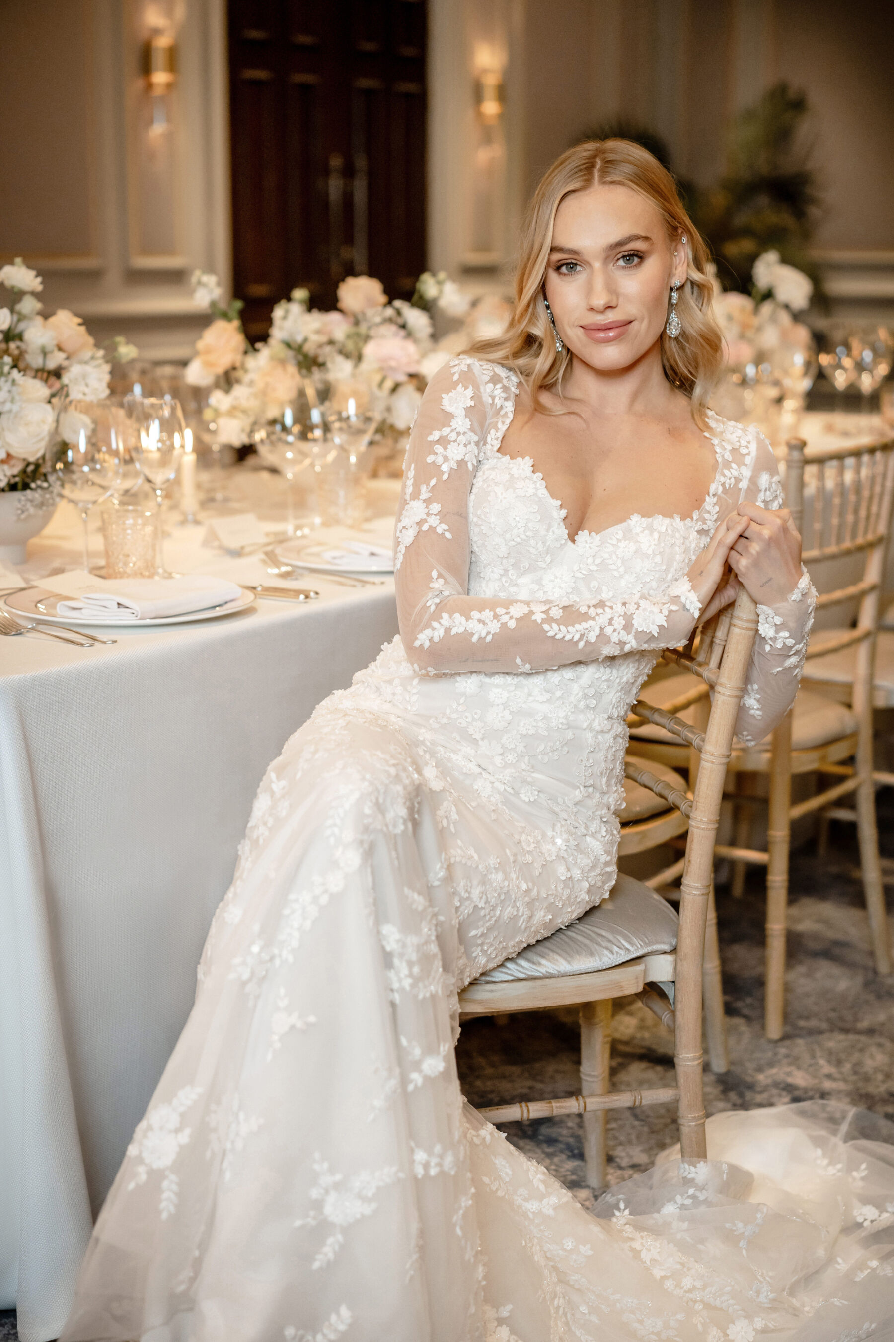 Caroline Castigliano modern lace wedding dress with long sleeves.