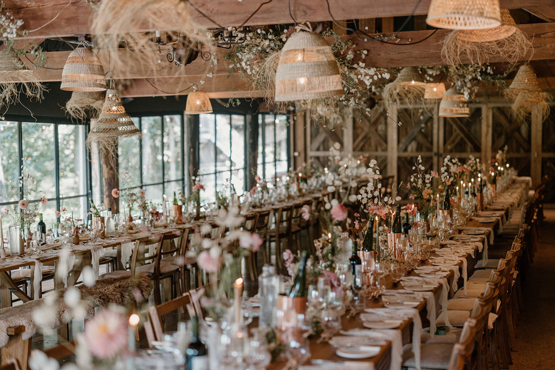 Reception in the wedding barn at Dewsall Court, country house wedding venue in Herefordshire