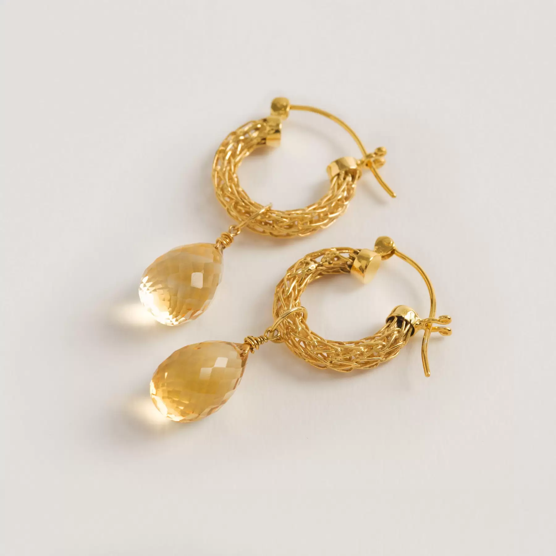 Gold Weave Mini Hoop Earrings with Citrine Charm