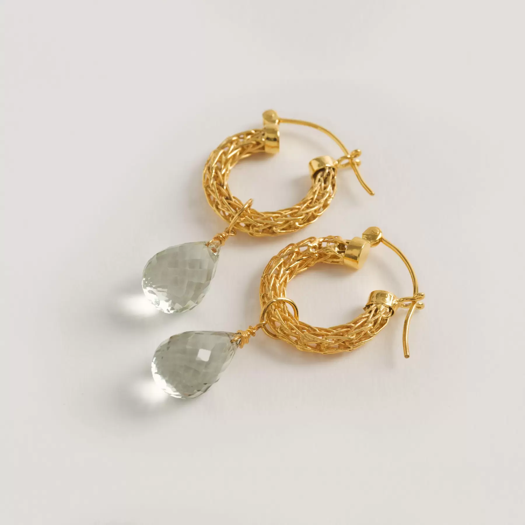 Gold Weave Mini Hoop Earrings With Green Quartz Charm