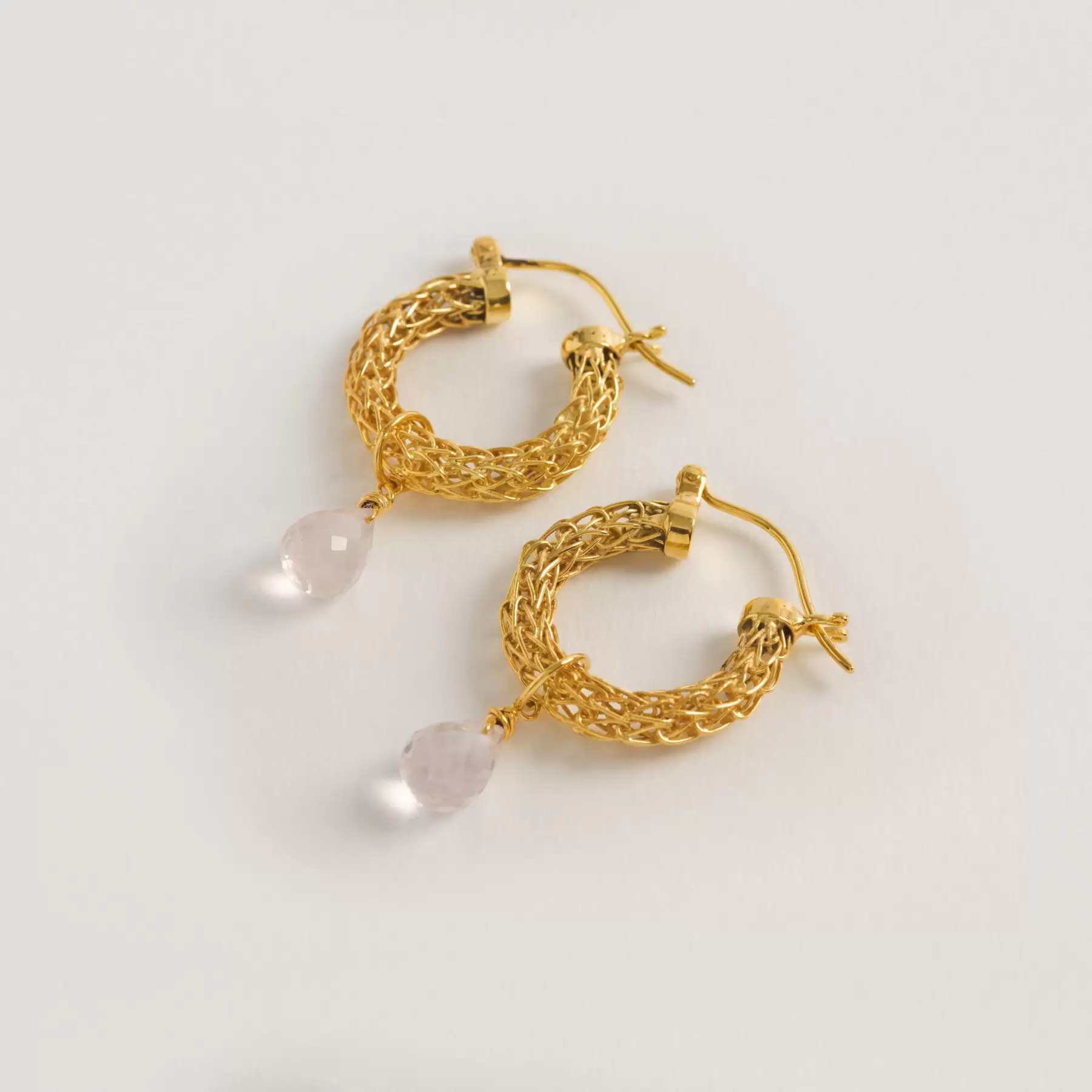 Gold Weave Mini Hoop Earrings with Rose Quartz Charm