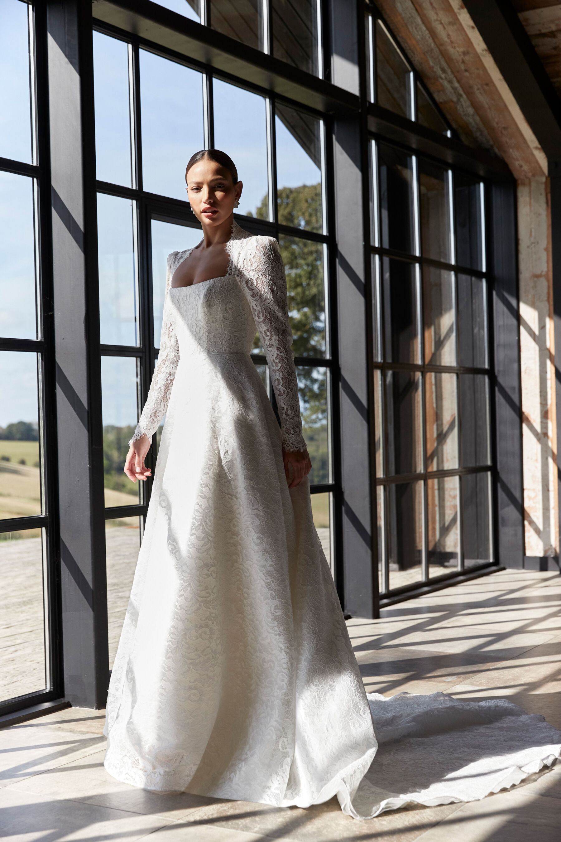 80's shoulder inspired wedding dress by Sassi Holford