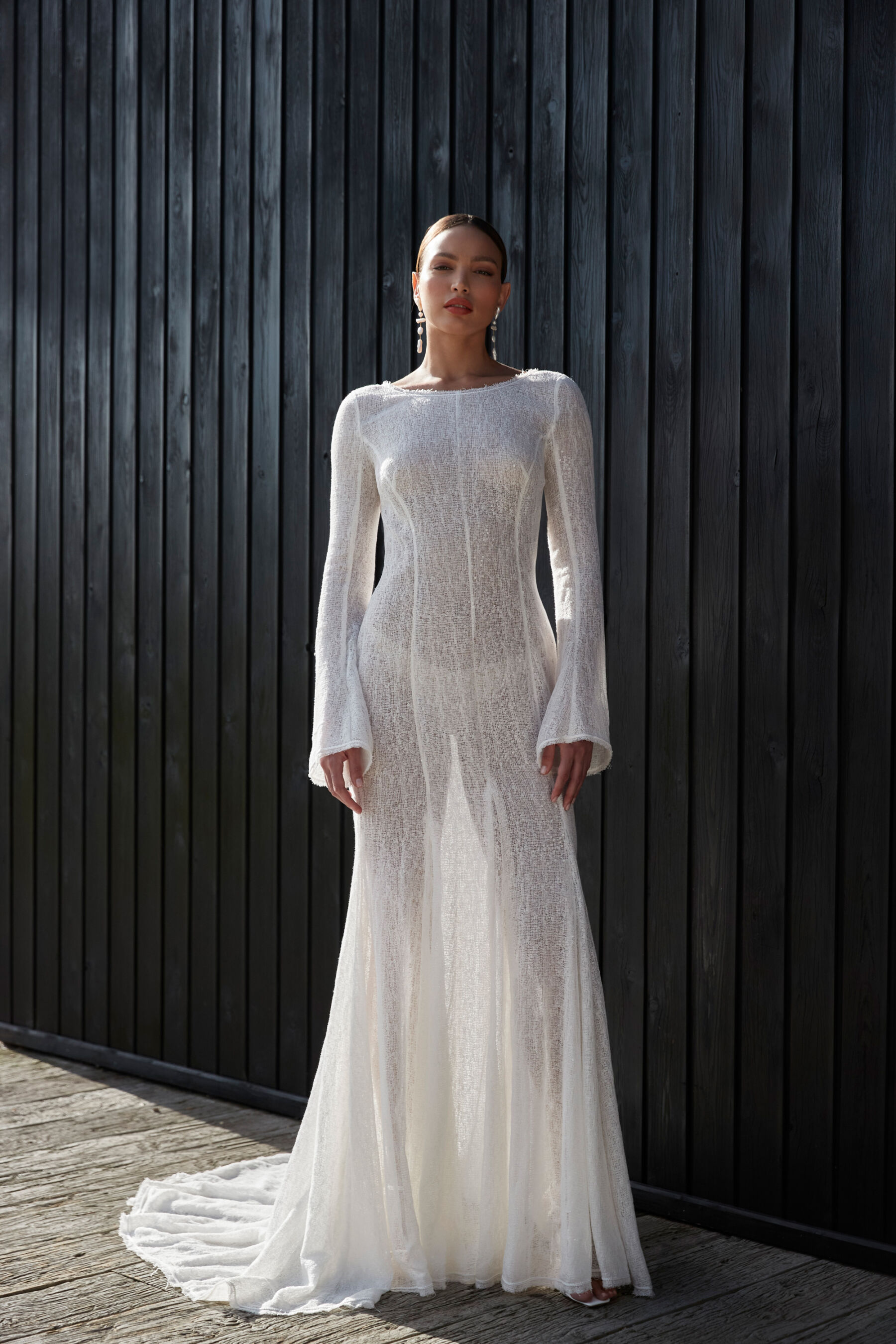 Modern long sleeved wedding dress by Sassi Holford at Carina Baverstock Couture