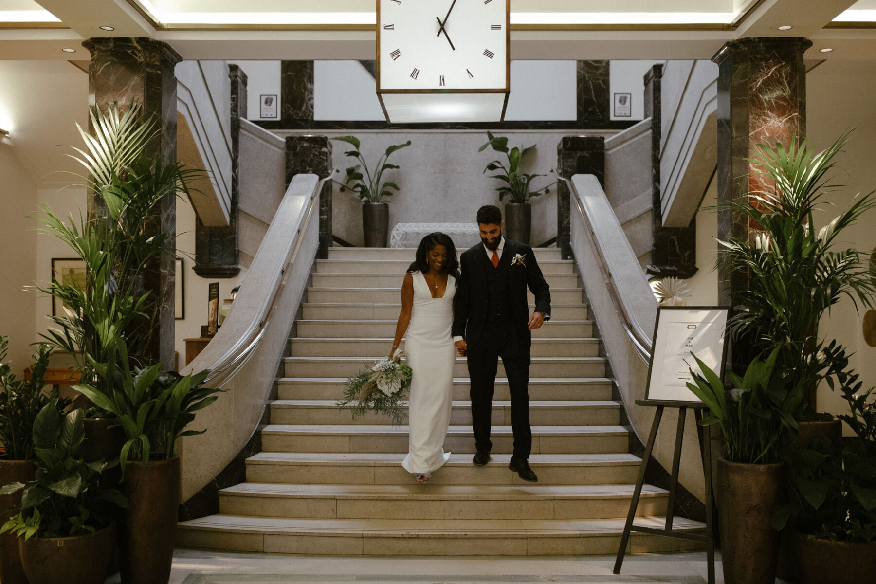 Modern bride and groom at Town Hall Hotel Bethnal Green. Bride wears a chic & minimalist Sarah Seven dress. Ruth Atkinson Photography. 