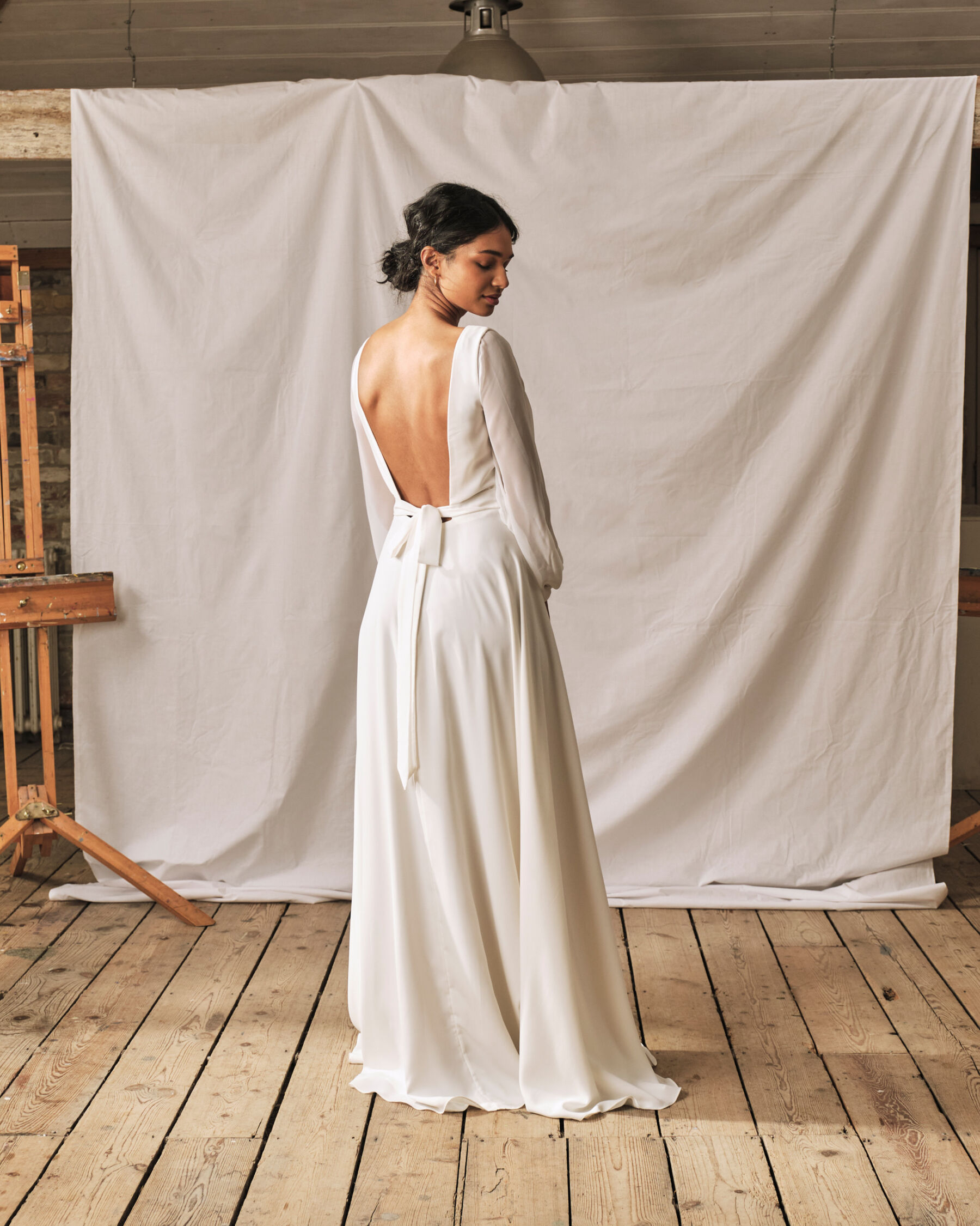 Simple backless wedding dress without a train, by Sophie Rose Bridal.