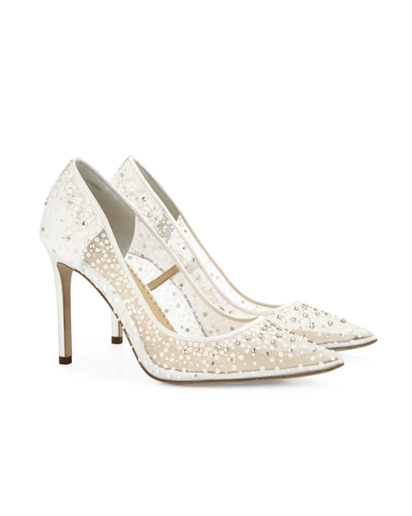 Bella Belle high heel wedding shoes, Elsa Ivory Illusion Mesh Ivory Sequin Heels