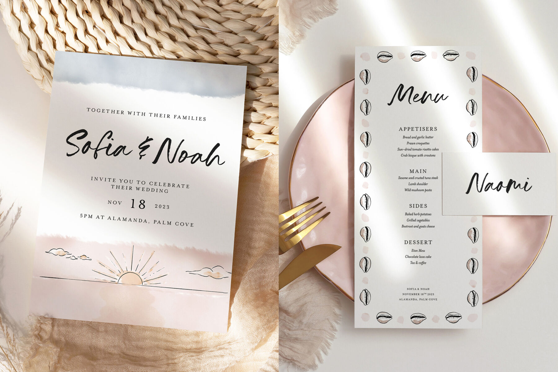 Wedding invitation and dinner menu design in boho style hand-drawn illustration