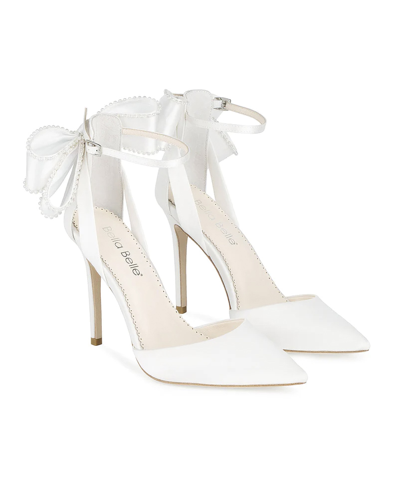 Mirabelle by Bella Belle, Ivory Ankle Strap Pearl Bow wedding shoes