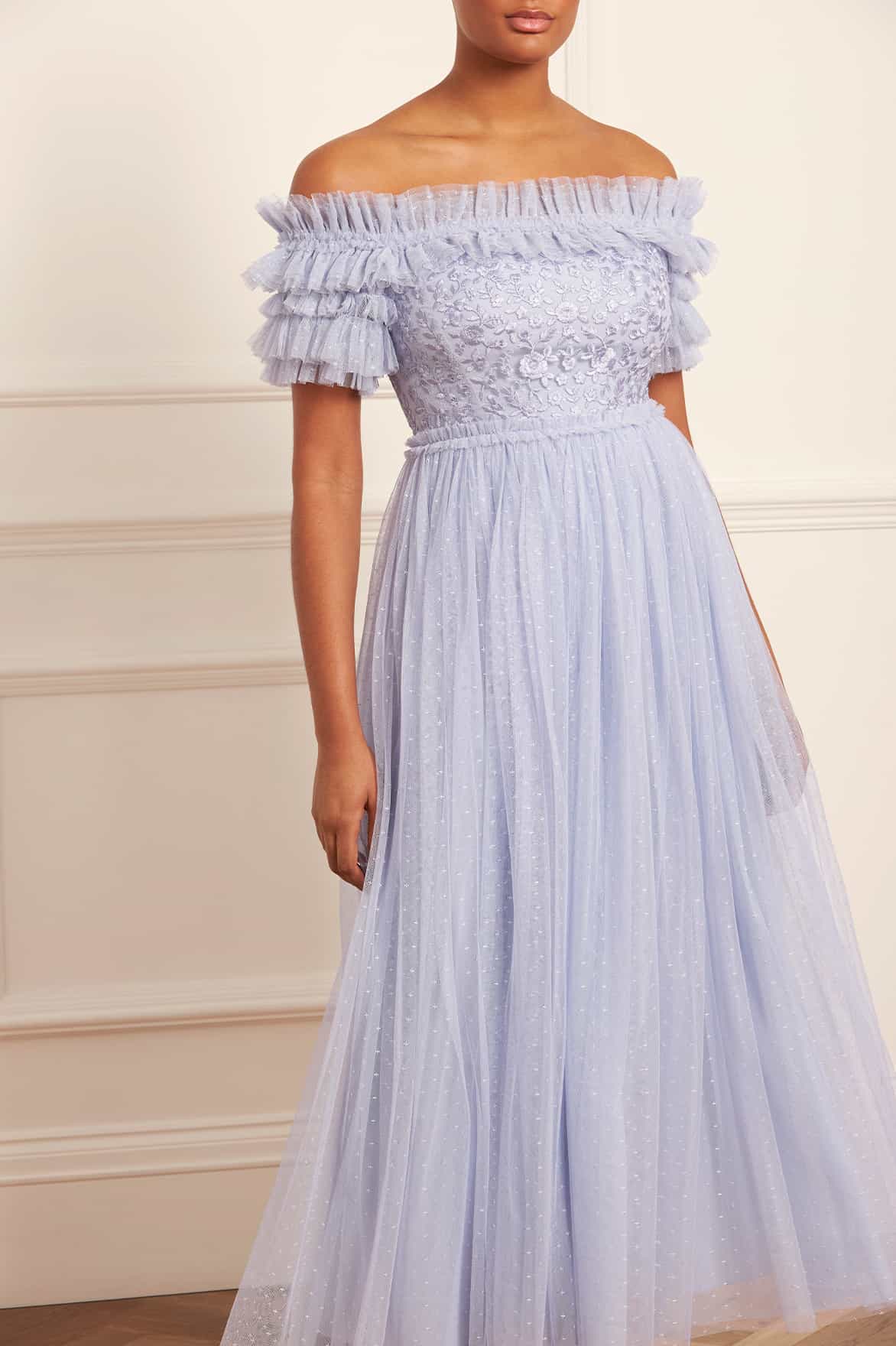 Pale Blue Polka Dot Tulle Off The Shoulder Gown