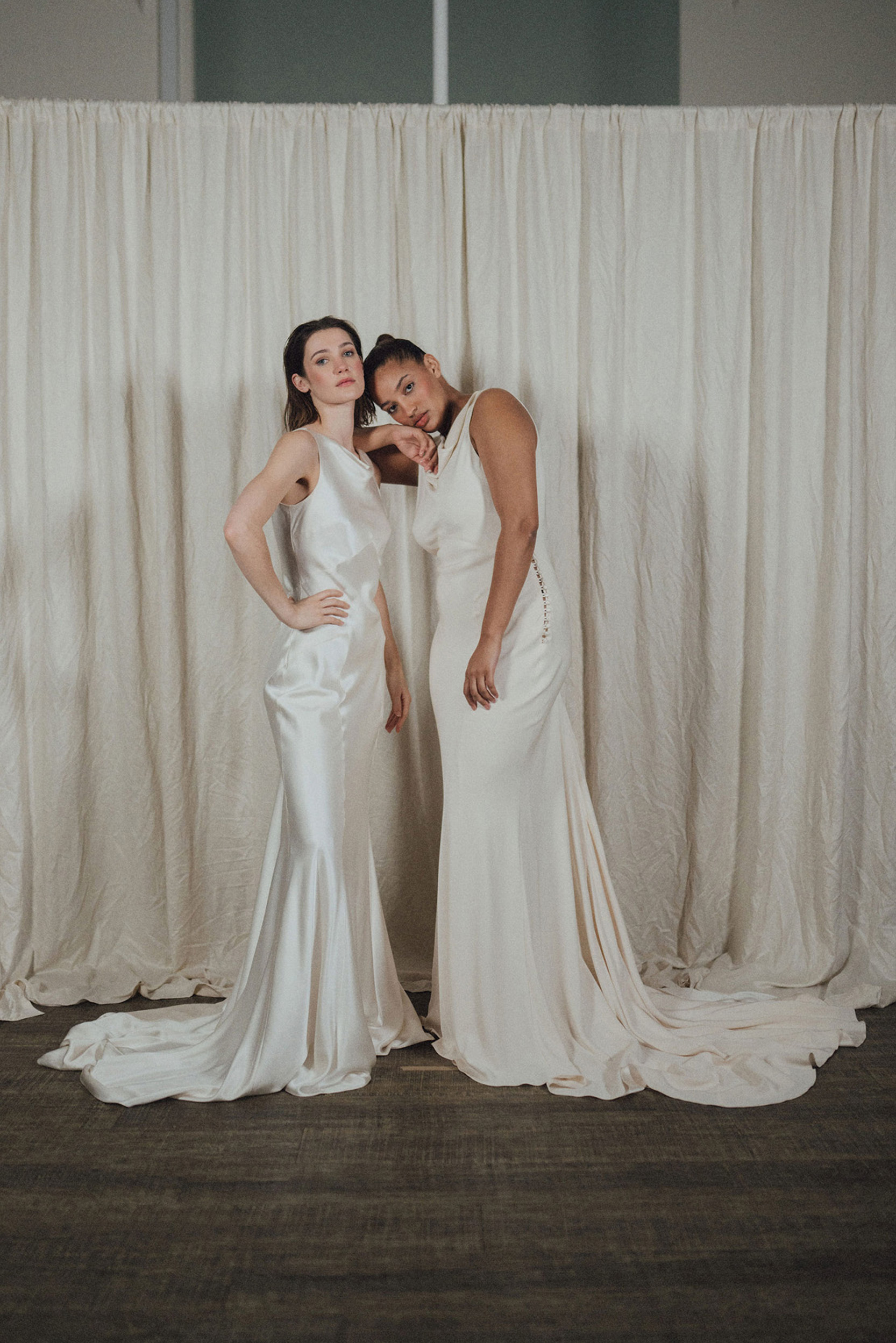 Standard and plus size modern wedding dress designs by Rolling in Roses. Sustainable bridal fashion.