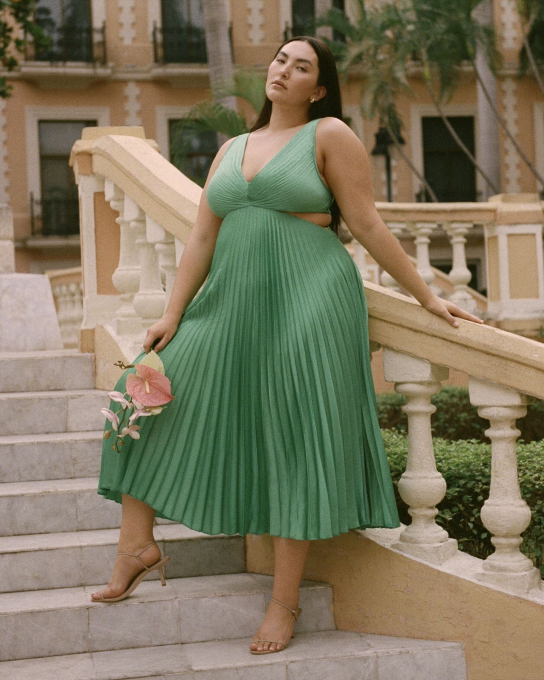 Green pleated maxi dress for wedding guests, by Abercrombie & Fitch.