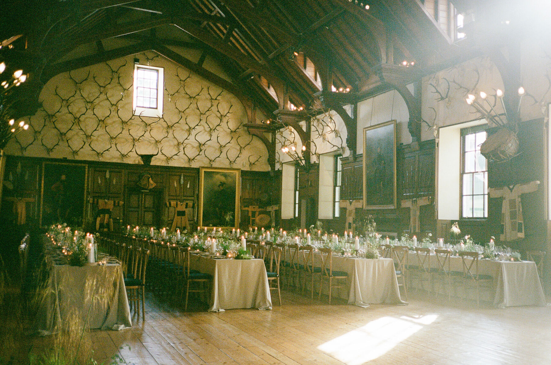 Long wedding tables with crossback chairs inside a hall with stag antlers on the wall. Natural and meadow inspired floral table decor by Joseph Massie. Pillar candles provide ambient lighting.