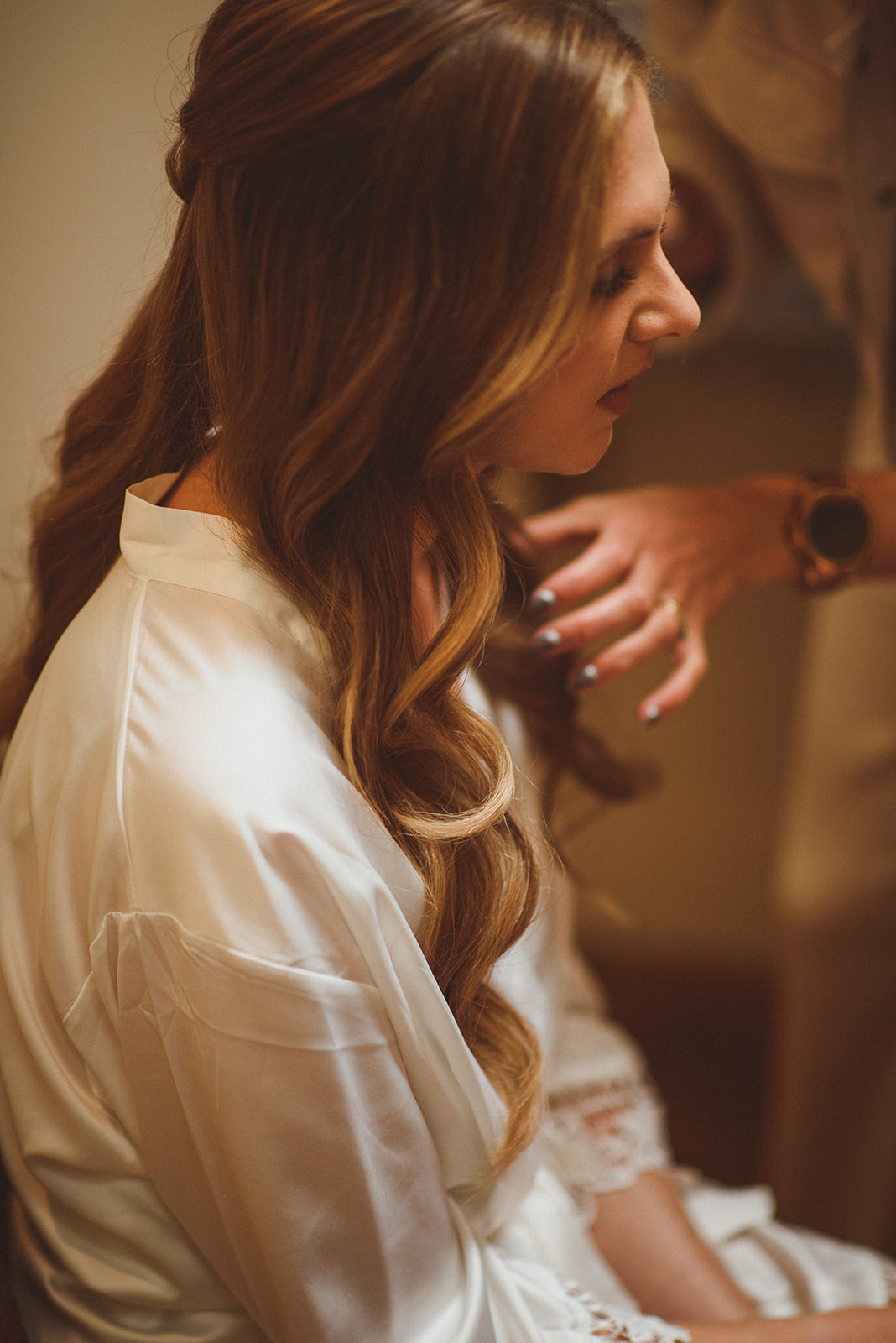 In Her Own Style Part 5: Rebecca's Decision To Switch Her Wedding Dress Before the Big Day at Tythe 6 Bride with long wavy hair in hair and makeup, getting ready for he wedding. Matt Penberthy Photography.