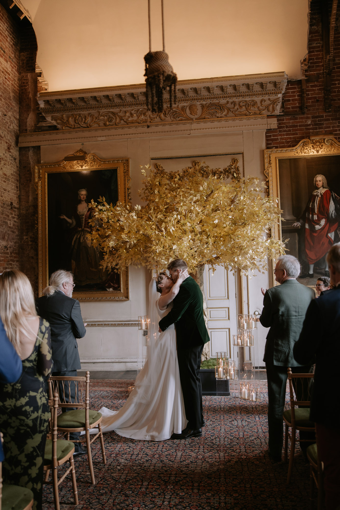 St Giles House wedding, Dorset. Gold leaf tree in the backdrop of the ceremony room. Marta Ilardo Photography.