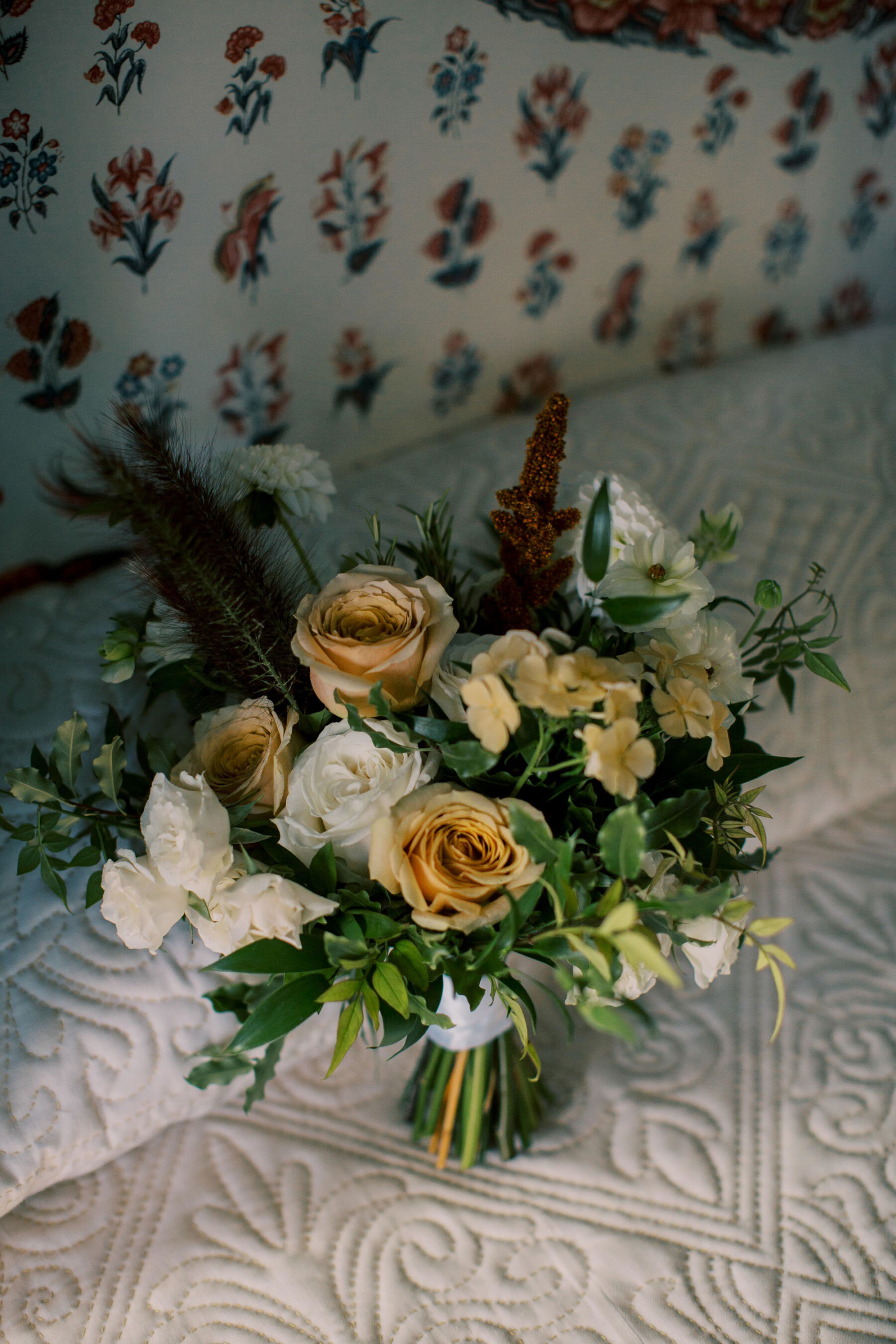 Gothic Architecture Inspired Wedding Styling, at Strawberry Hill House 12 Elegant modern hand tied wedding bouquet featuring roses in neutral and toffee tones. Helen Warner Photography.