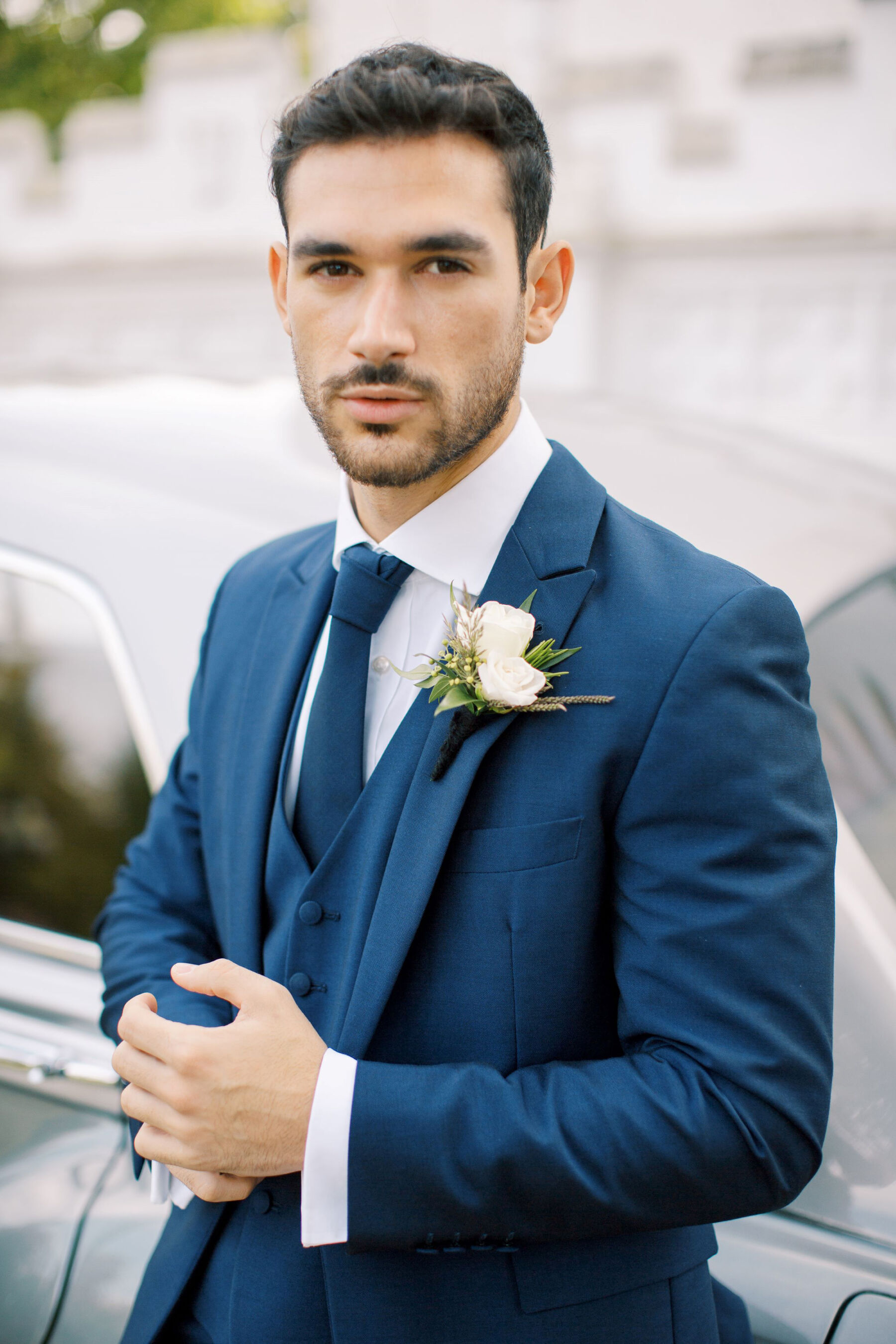 Gothic Architecture Inspired Wedding Styling, at Strawberry Hill House 27 Stylish groom in a blue 3-piece suit by Stephen Bishop. Helen Warner Photography.
