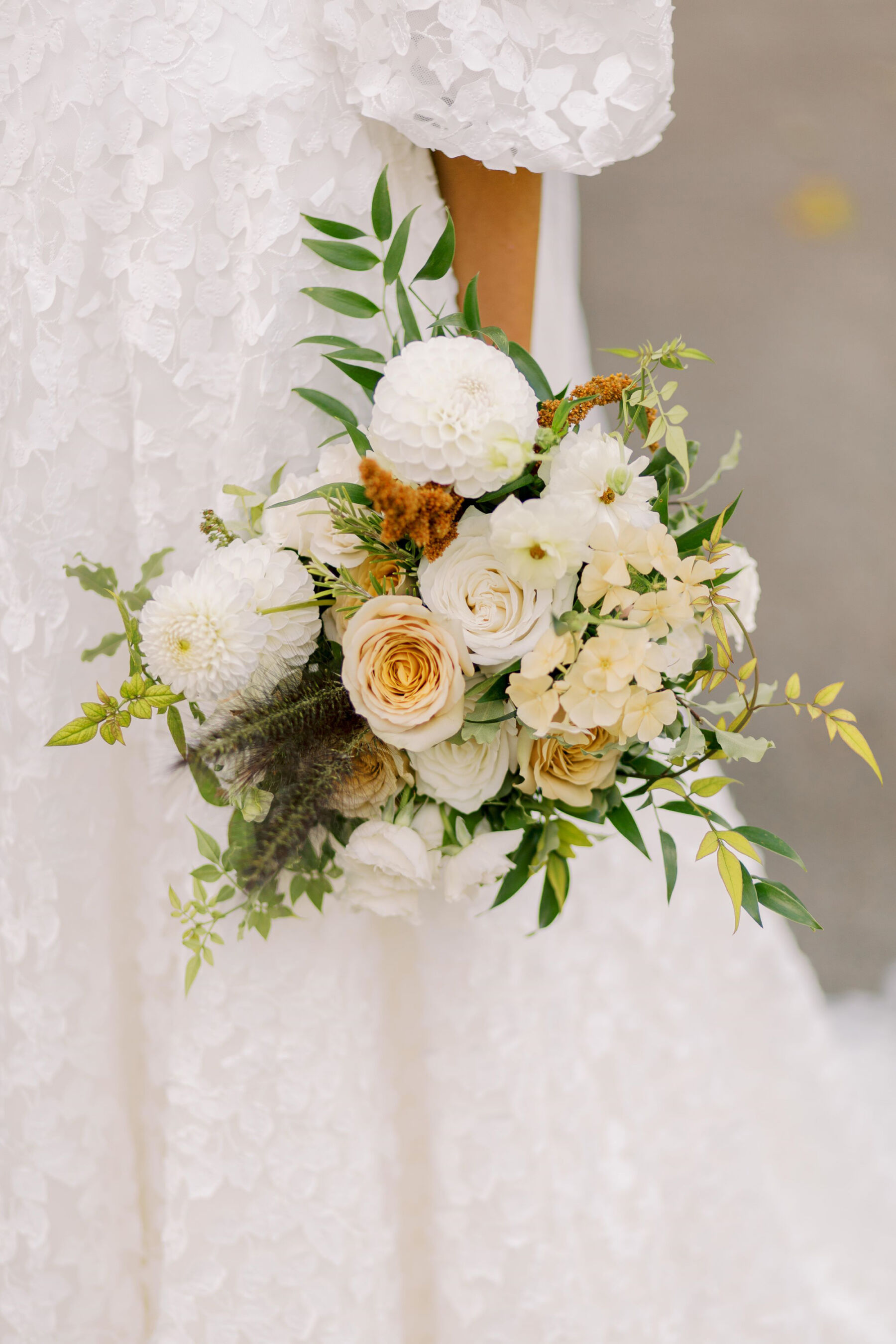 Gothic Architecture Inspired Wedding Styling, at Strawberry Hill House 25 Elegant hand tied wedding bouquet in white, neutral and toffee tones. Featuring roses and dahlia. Helen Warner Photography.