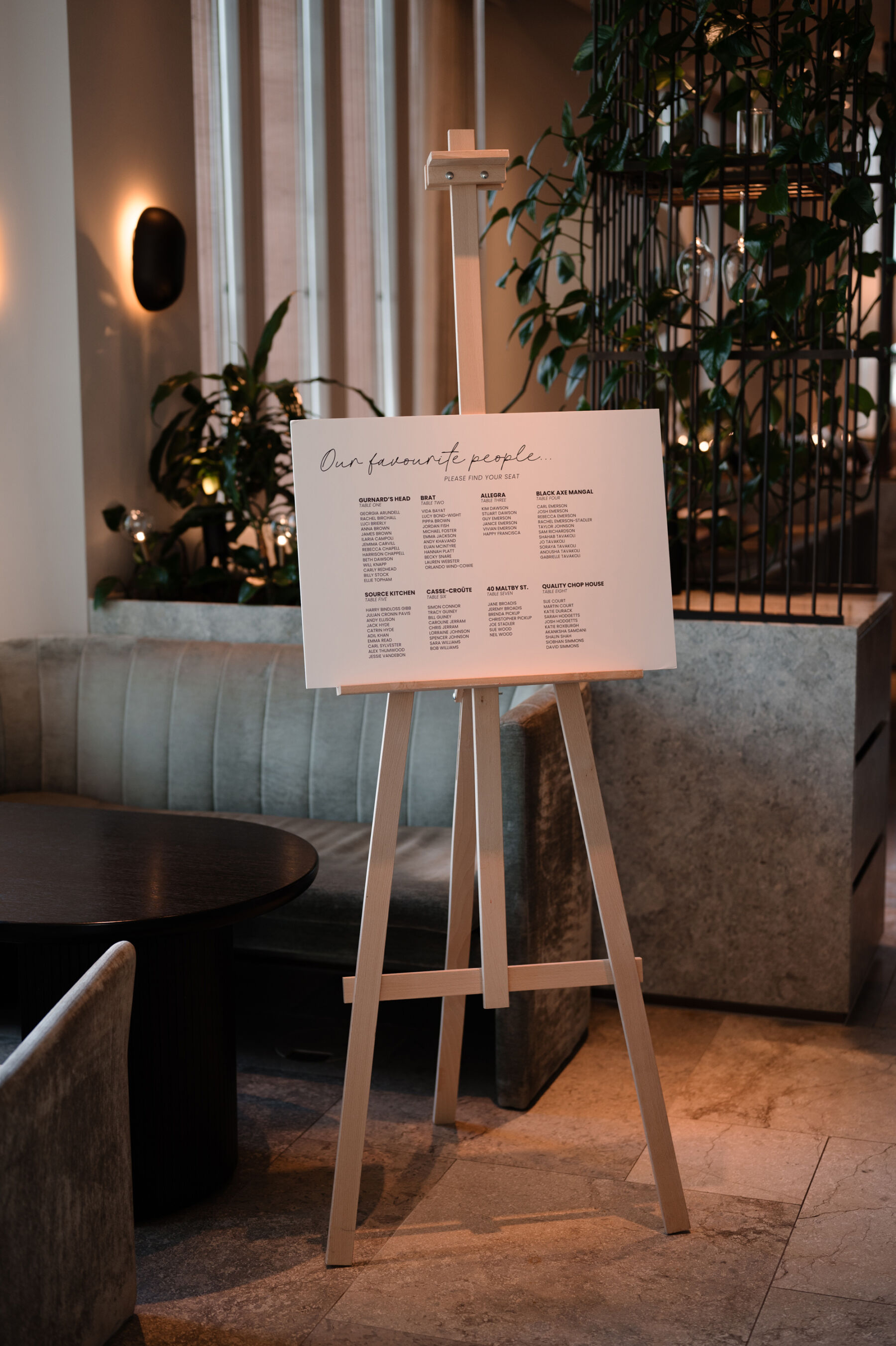 A Chic London Wedding: Soraya's Nikeen Asar Dress Captured by Taylor-Hughes Photography 25 Modern, minimalist wedding table seating plan on a wooden easel. Taylor-Hughes Photography.
