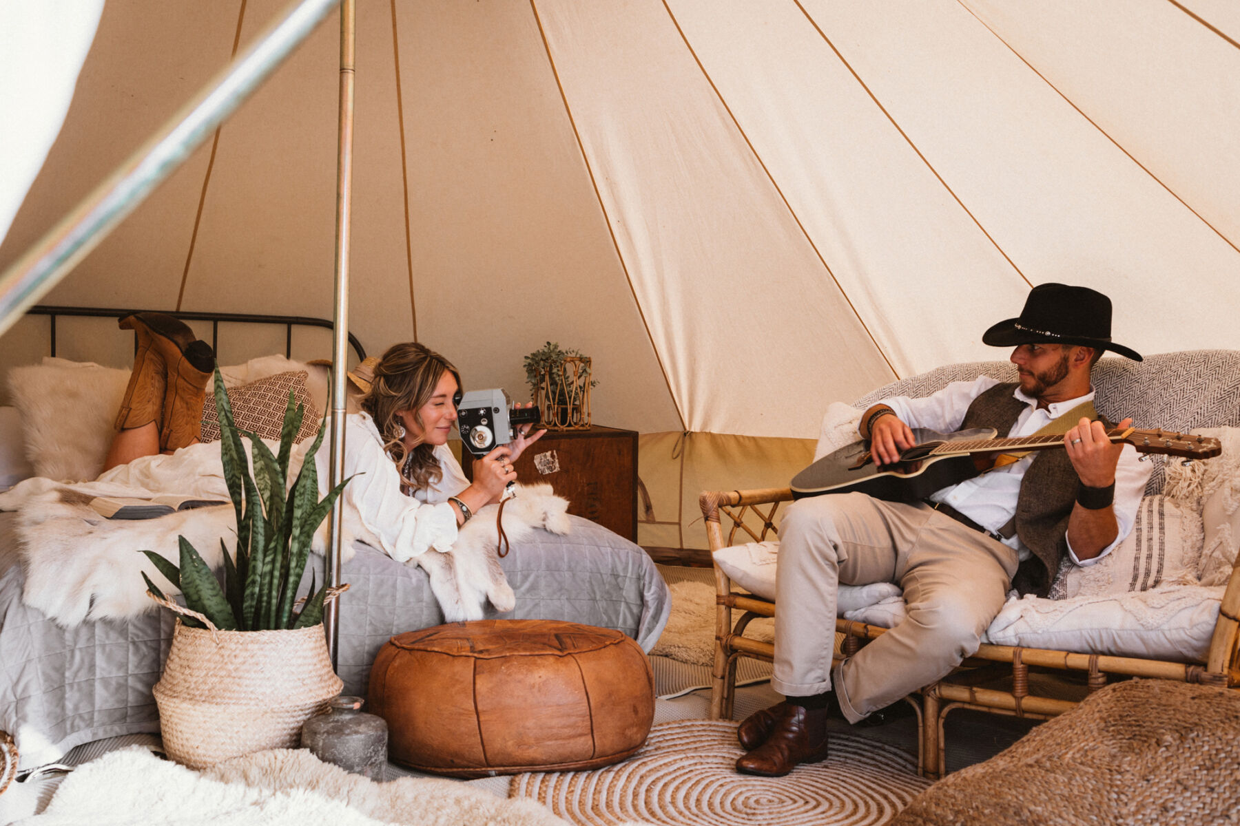 Wickerwood Farm, an Eco Friendly, Glamping Wedding Venue in East Sussex 23 Bohemian and free spirited bride and groom inside a bell tent at Wickerwood Farm wedding venue, East Sussex.