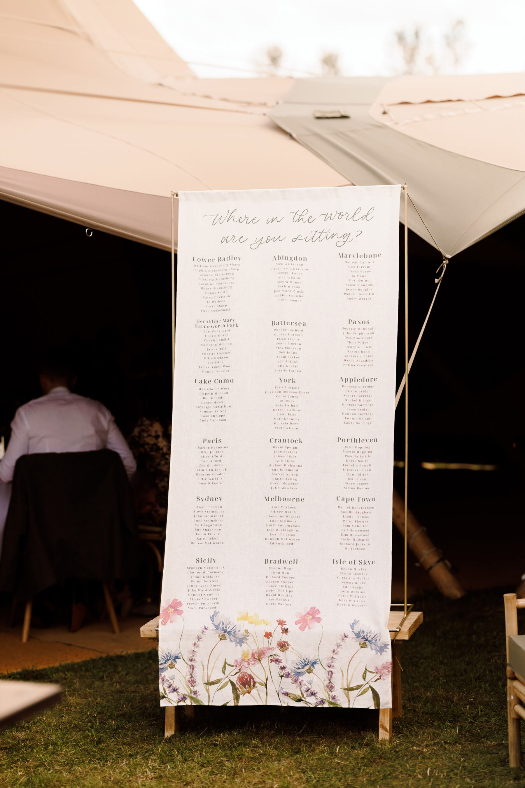 Wedding table plan outside a tipi, printed on fabric with flowers at the bottom - for a Midsummer Nights Dream inspired wedding.