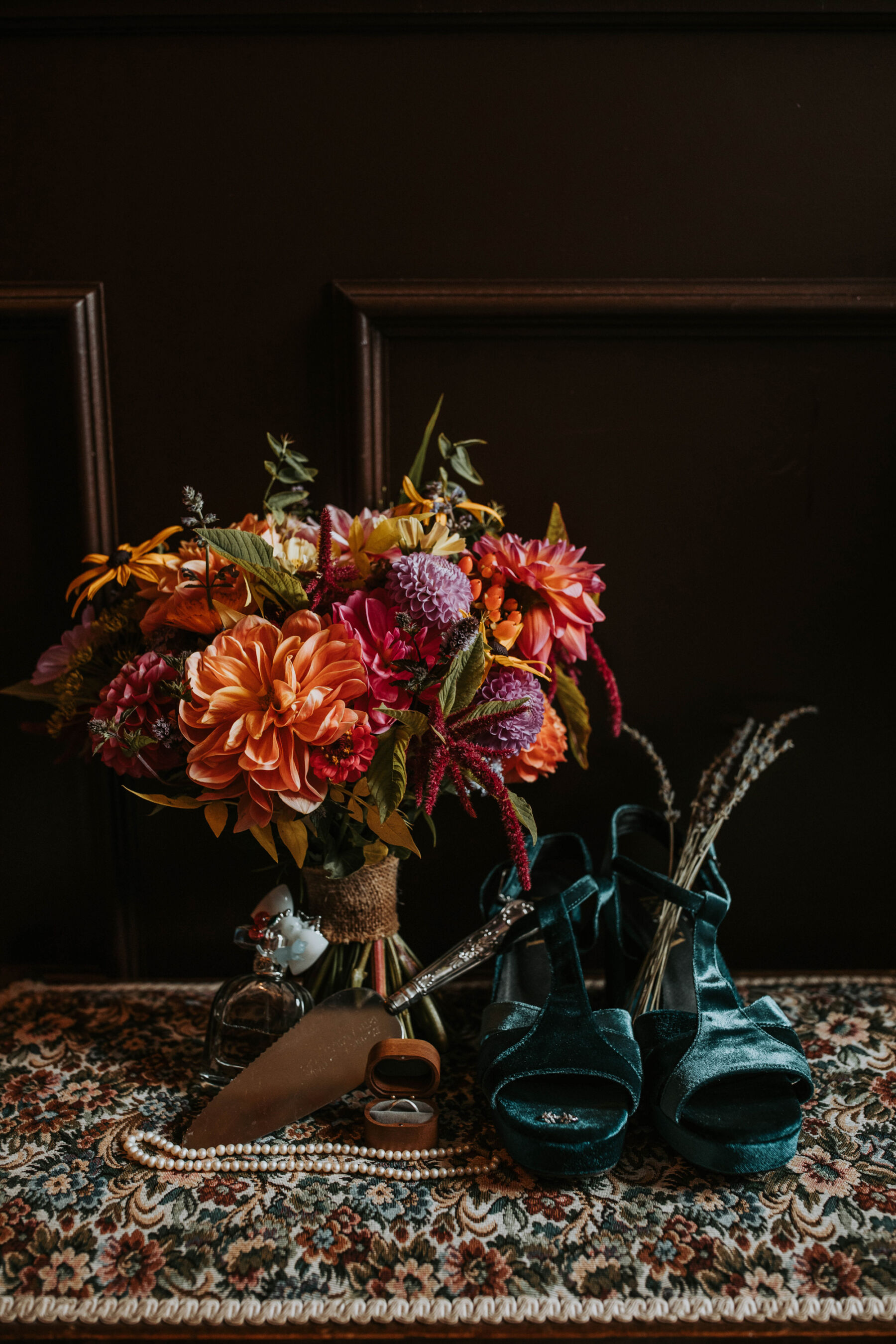 Sophie & Hal's Joyful, Colourful & Sustainable DIY Barn Wedding at Low Hall The Lakes 15 Esska velvet wedding shoes.