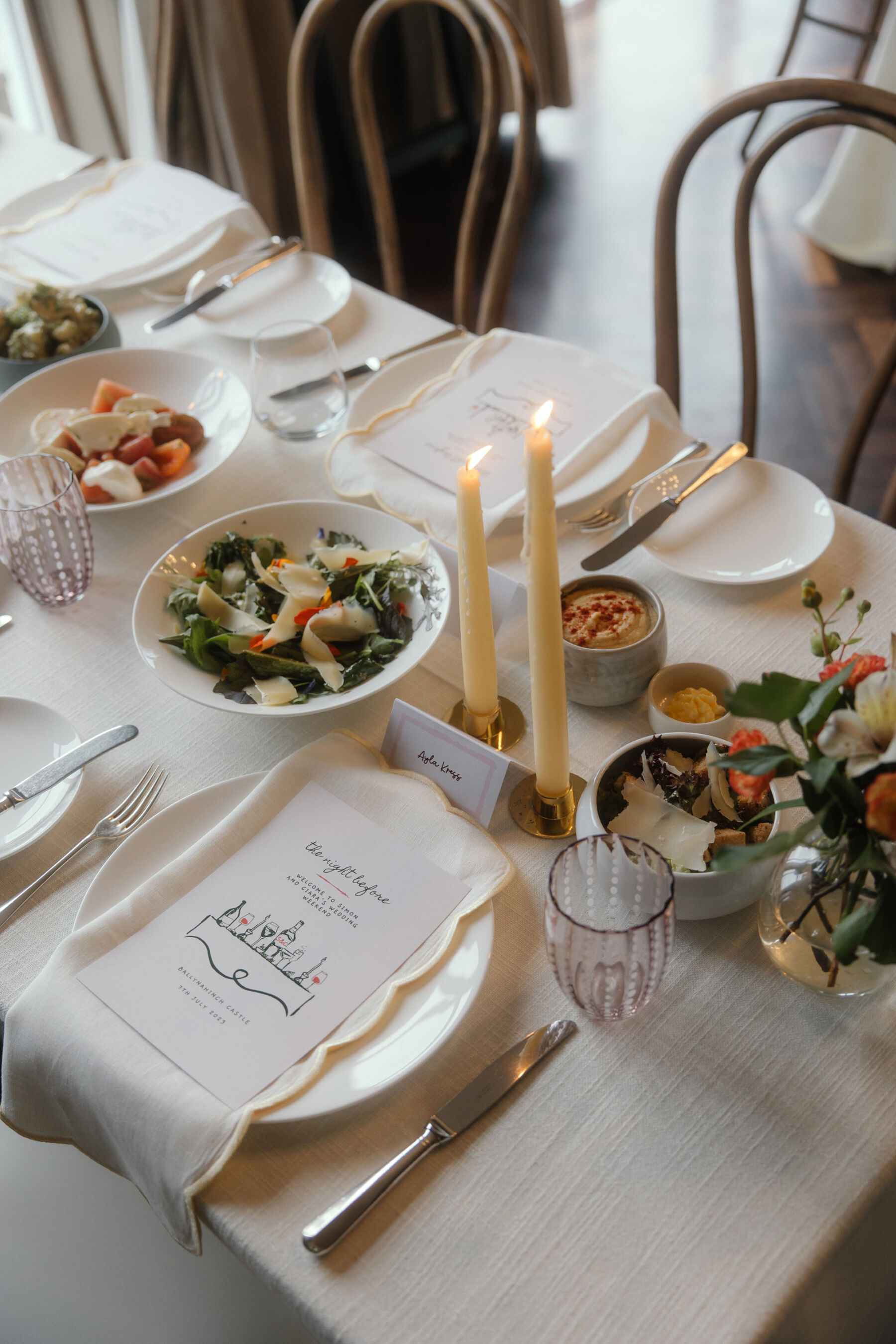 Romantic Ballynahinch Castle Wedding: Ciara in Danielle Frankel 9 Taper candles, scalloped yellow wedged napkins and feasting bowls for the night before wedding reception dinner.