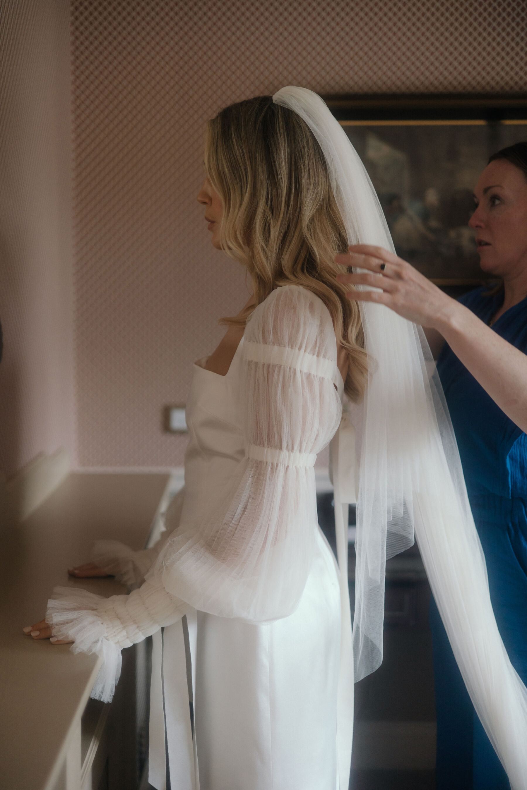 Romantic Ballynahinch Castle Wedding: Ciara in Danielle Frankel 22 Bride wearing a Danielle Frankel wedding dress and veil.