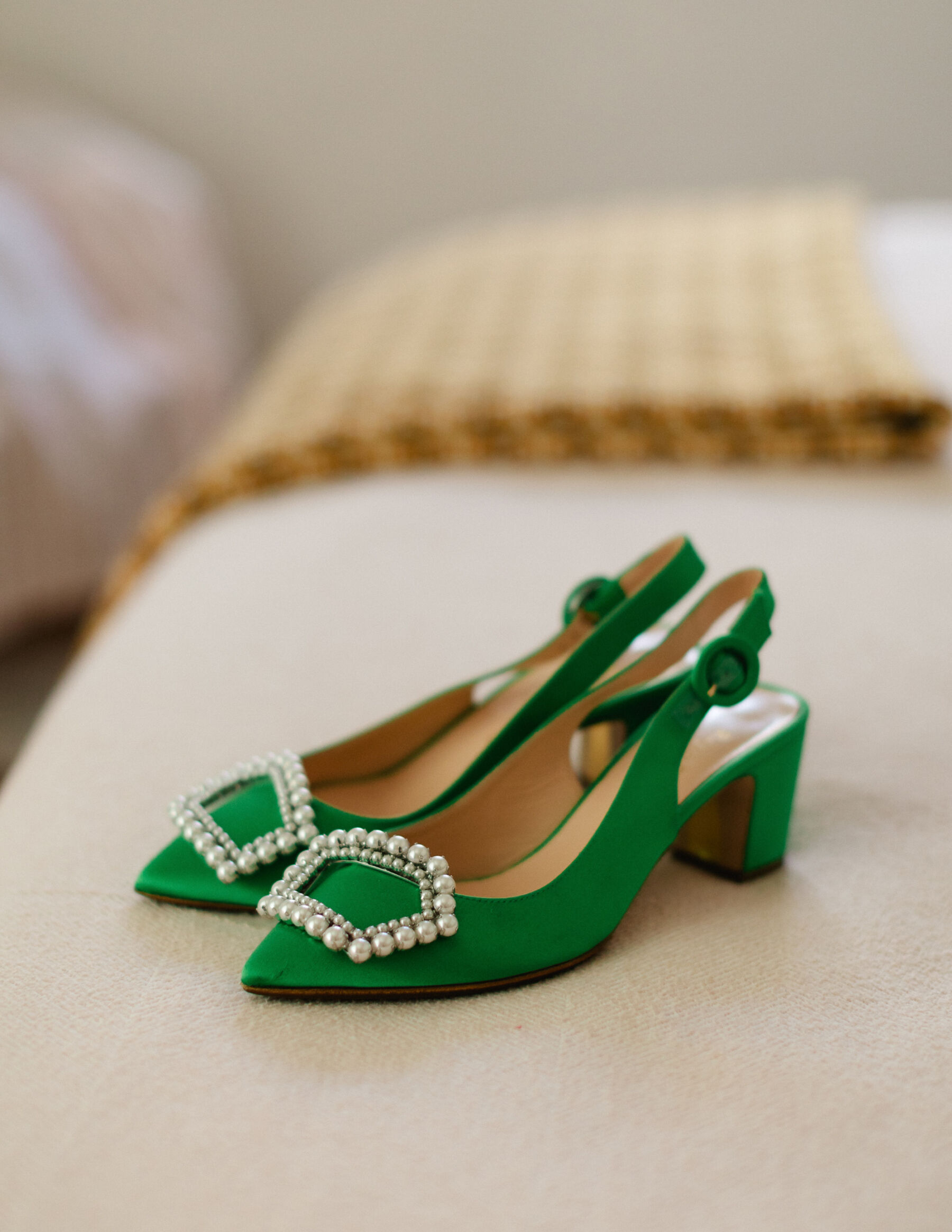 Olivia & Tim's Classy & Elegant Vineyard Wedding in Portugal 18 Emerald green wedding shoes with pearls by Rupert Sanderson.