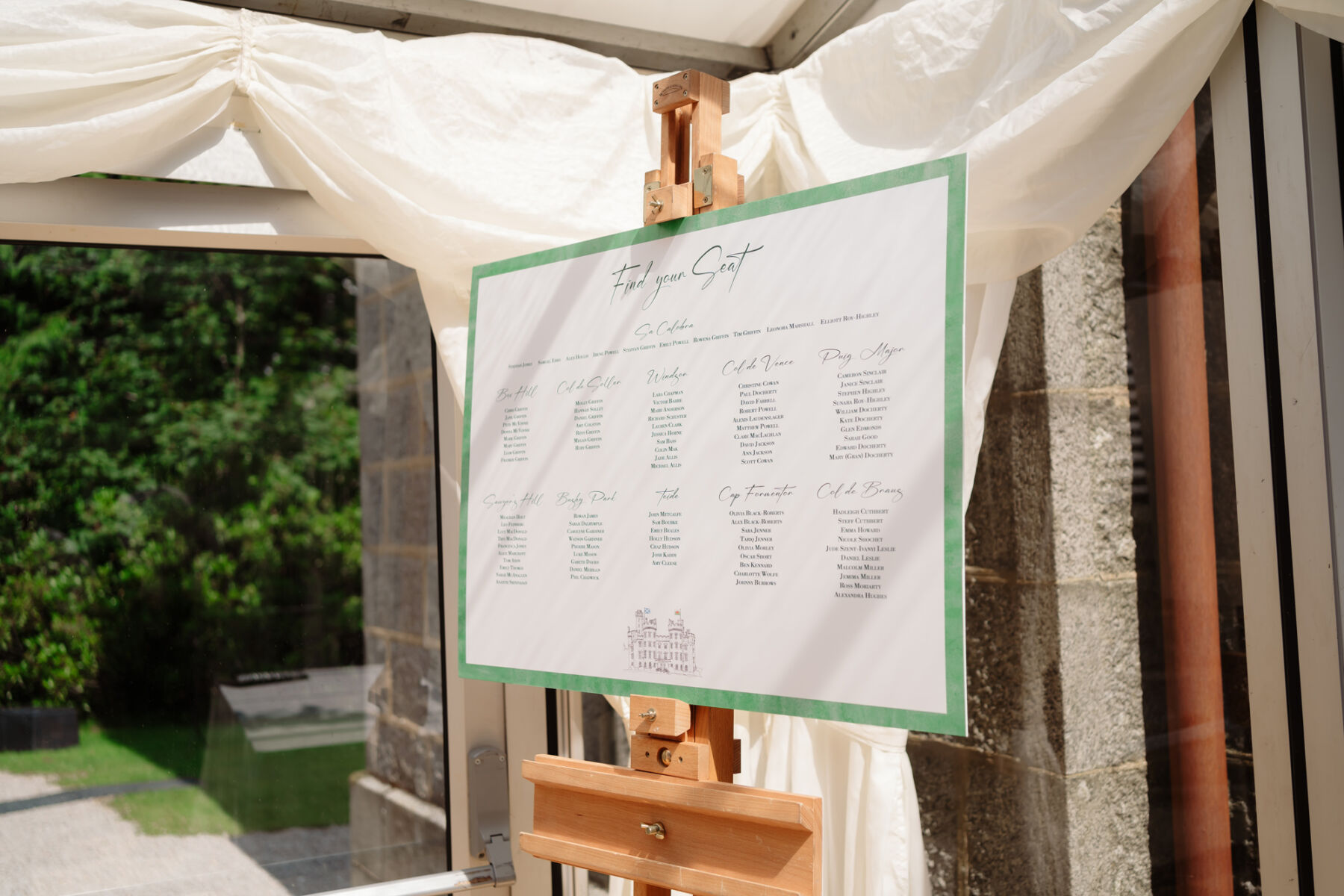 Emily in Rosa Clara for her Romantic & Elegant July Wedding at Cluny Castle 35 Table plan on an easel. Simple layout with a green border.