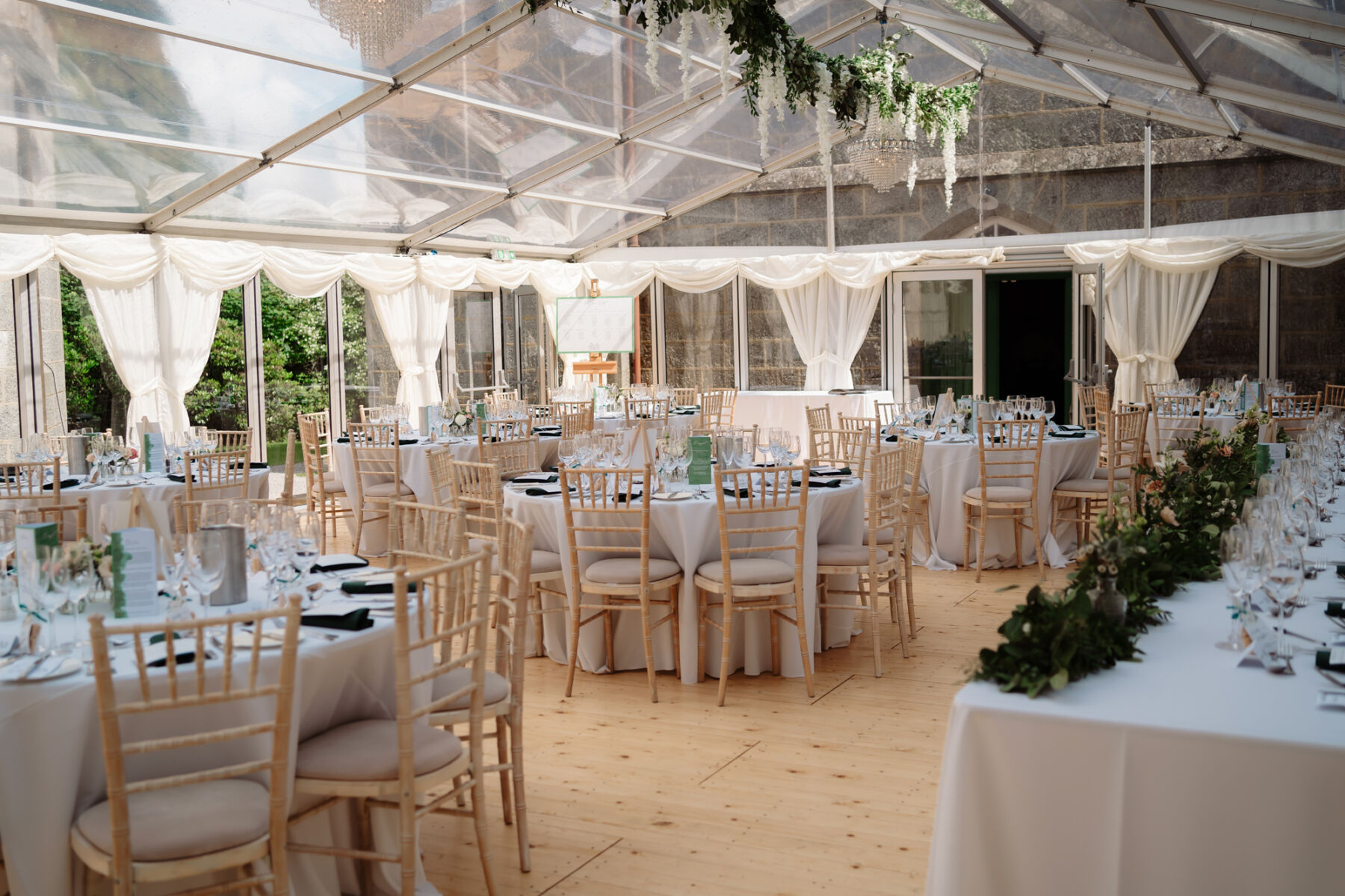 Emily in Rosa Clara for her Romantic & Elegant July Wedding at Cluny Castle 33 Wedding marquee at Cluny Castle in Aberdeenshire, Scotland.