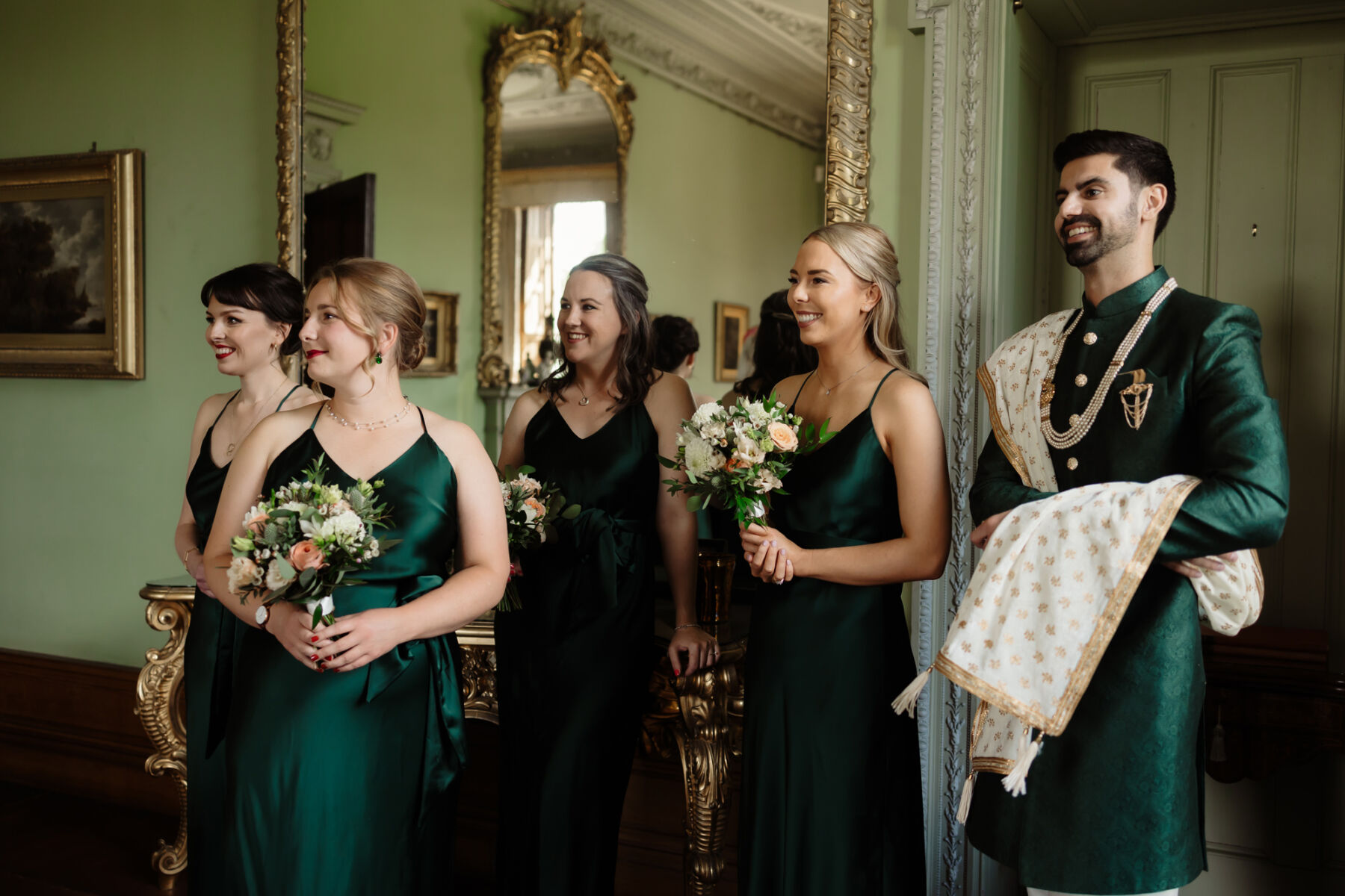 Emily in Rosa Clara for her Romantic & Elegant July Wedding at Cluny Castle 18 Man of honour in a green Sherwani, bridesmaids in green dresses by Rewritten. Cluny Castle wedding.