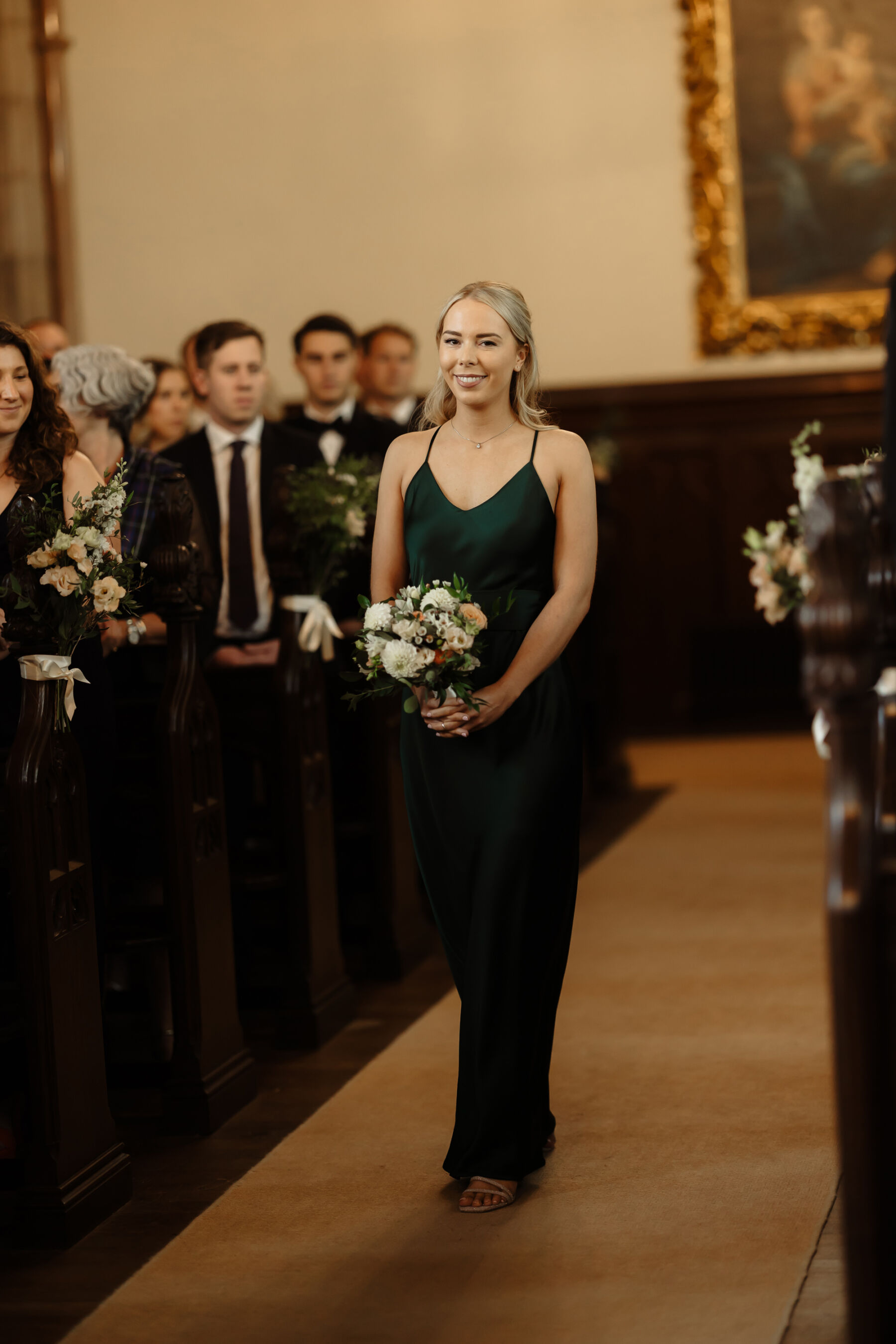 Emily in Rosa Clara for her Romantic & Elegant July Wedding at Cluny Castle 23 Bridesmaid in dark green dress by Rewritten